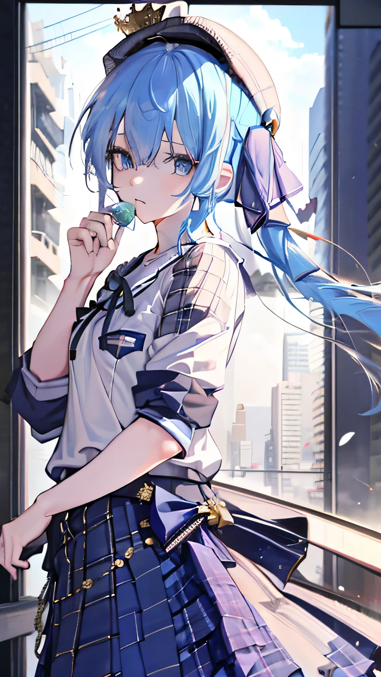 1girl, hoshimachi suisei, blue eyes, blue hair, plaid, plaid headwear, side ponytail, beret, crown, oversize tshirt, tshirt, wearing white tshirt, blue jeans long pants, jeans long pants, shirt, hair between eyes, ribbon, white long tshirt, oversized tshirt