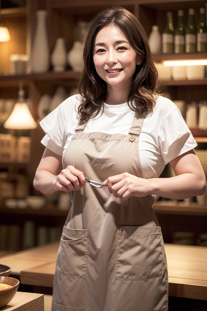 (Best Quality、Tabletop、8k、Best image quality、Award-winning works)、Woman working at a cafe、The perfect brown apron、A classy shirt and apron、Big Breasts、(Accentuate your body lines:1.1)、Beautiful woman portrait、The most elegant and cozy cafe、The most natural cafe, Perfectly organized、The most atmospheric and warm lighting、Stylish and elegant cafe、Strongly blurred background、Look at me and smile、Accurate anatomy、Ultra high resolution perfect beautiful teeth、Ultra-high definition beauty face、Ultra HD Hair、Ultra HD The Shining Eyes、The Shining, Super high quality beautiful skin、Super high quality glossy lip
