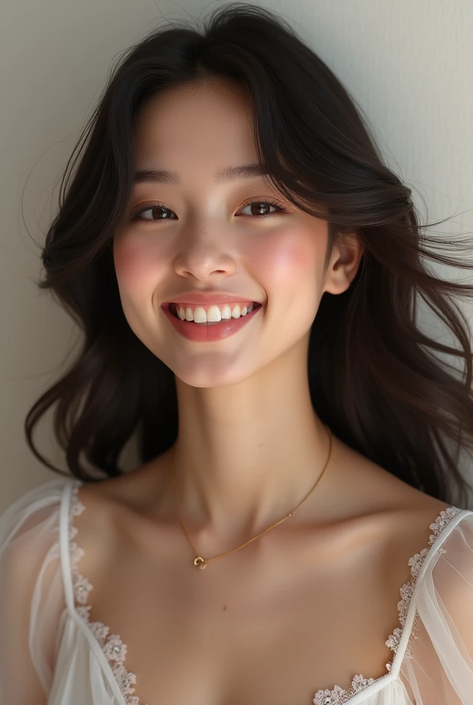 ((((upper body)))),((nude)),(nipples),Ultra-high resolution,Japanese,bangs,(a girl),(1 girl),(a face),((18-year-old)),(grin with mouth),((cute)),pretty,(eyes closed)