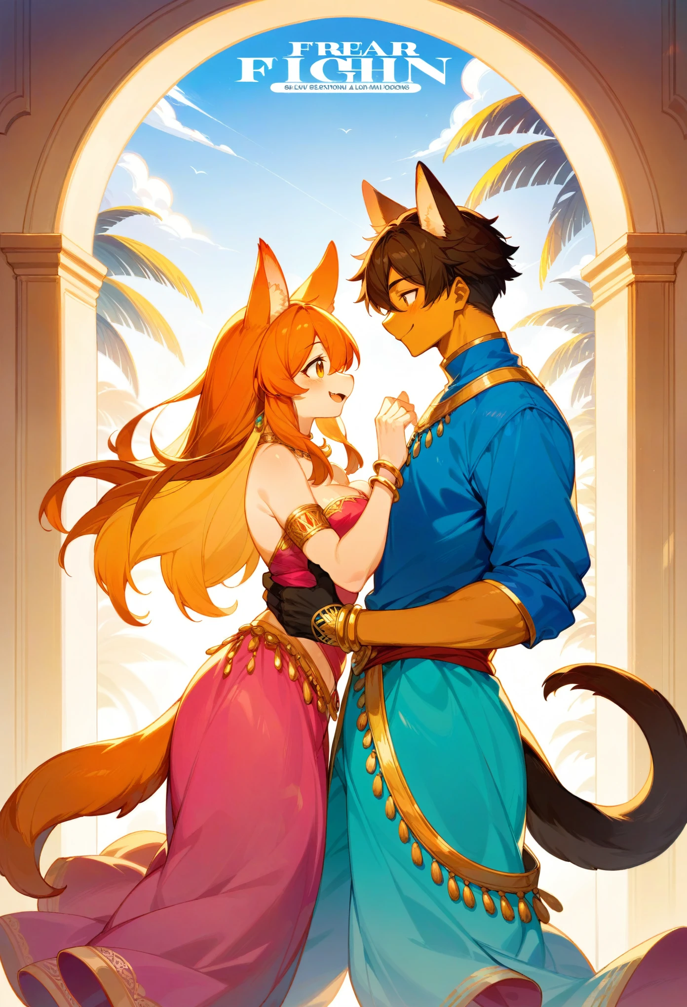 rating_safe, score_9, score_8_up, score_7_up, score_6_up, score_5_up, score_4_up, source_furry, highres, e621, cover page, movie poster, highres(1girl, 1boy, couple, kemono, furry anthro, fearless smile, Arab national costume, love romance)The Arabian Nights, Alf Laylah wa Laylah,