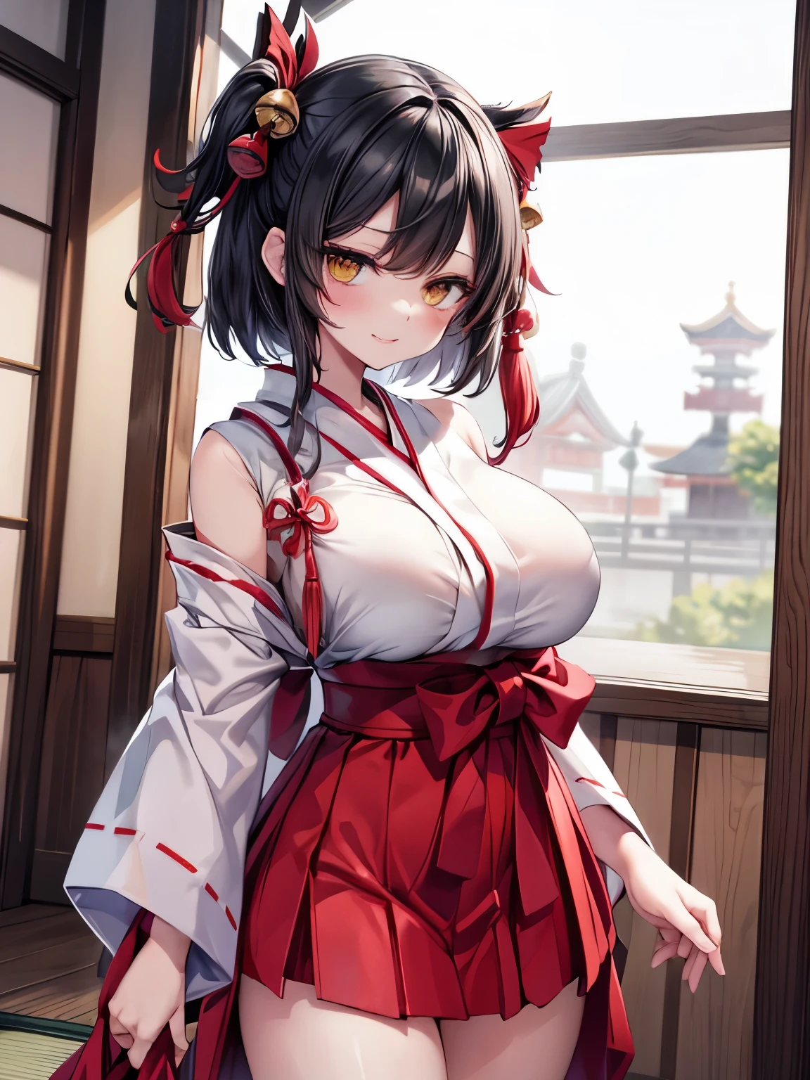 masterpiece, highest quality, High Resolution, HS1,blush,Bob Hair、shrine、Big Breasts,Groin、Miko costume、NSFW,bondage