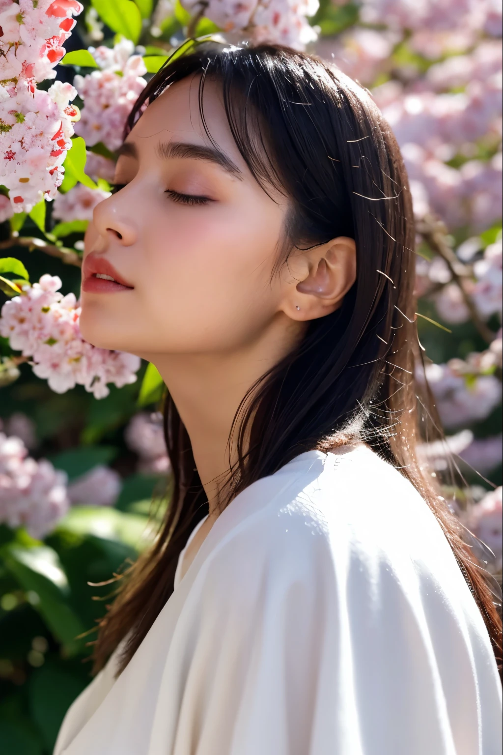 Tabletop,Award-winning photo, Very detailed, Face close-up、Keep your eyes clearly focused, Nose and mouth,Face Focus, Woman with eyes open and mouth closed, Face Focusの接写、Black-haired、Symmetrical face,Realistic nostrils、Angle from below、Elongated C-shaped nostrils、Sweaty skin、Sweaty, shiny skinを強調する照明、((Sharp Nose))Sweaty, shiny skin、Glowing Skin、Big Eyes、Double eyelids、 ((Berokisu))garden,In front of the crepe myrtle flowers,Taylor Hill,