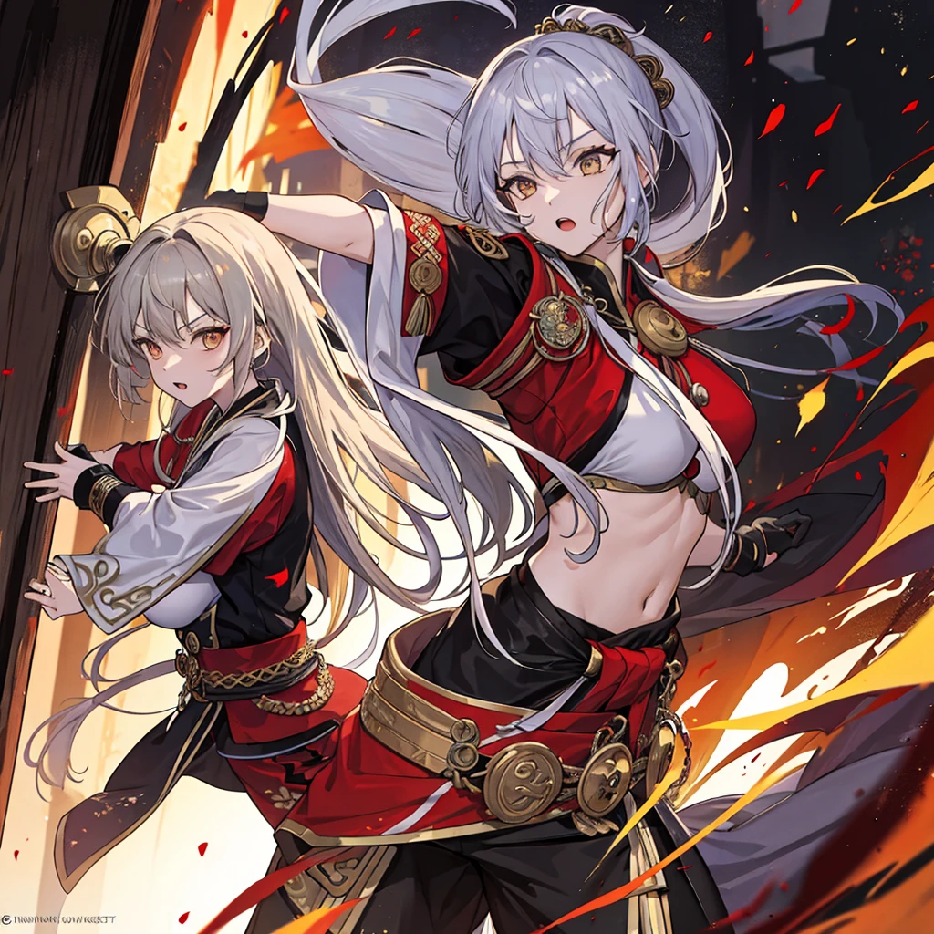 wolf hears, wolf tails, darkskinned-female, big breast, , silver hair, long hair, living hair, red eyes, pants, smile, fur clothing, full body, tunic,, boots