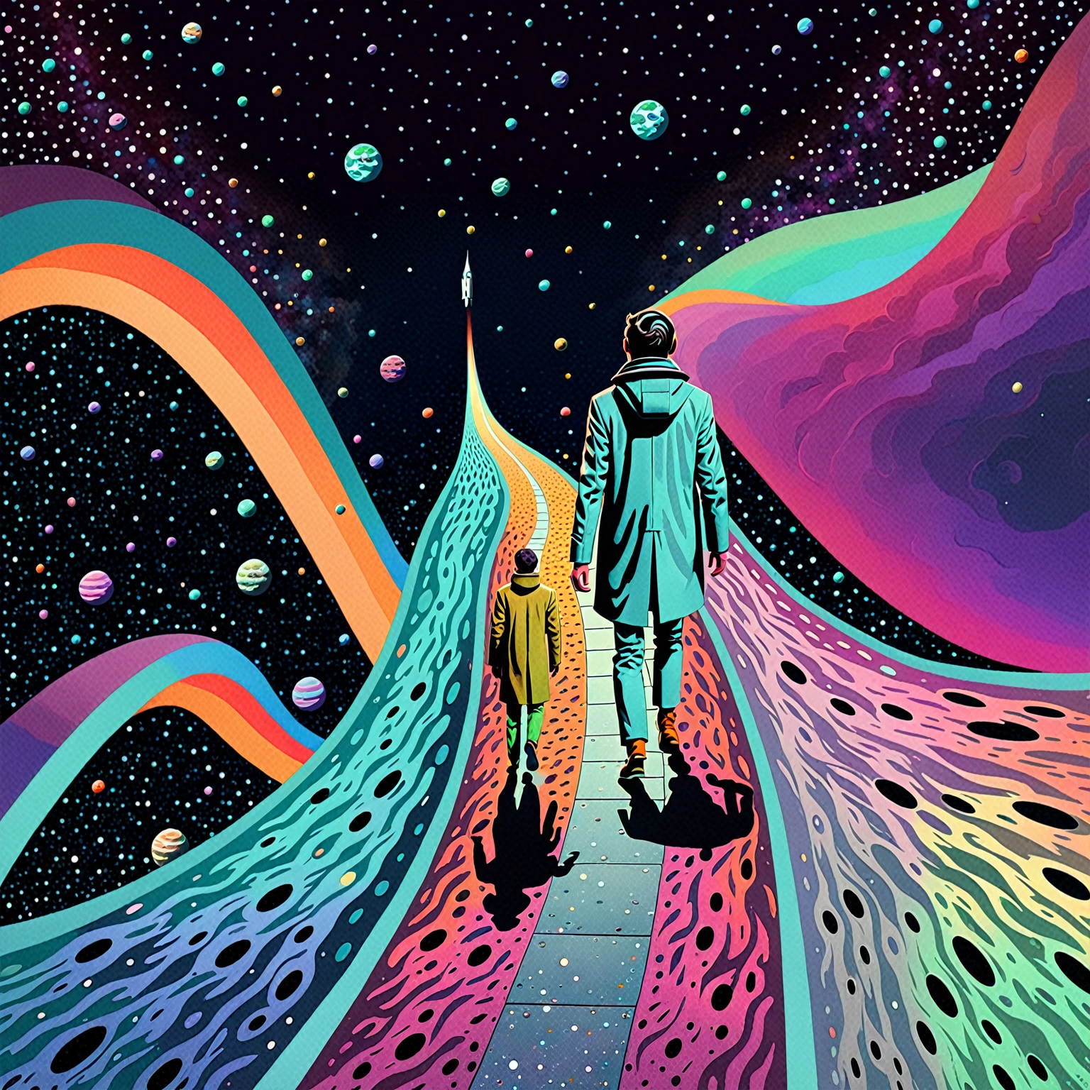 An illustration of a man wearing a coat walking down a path in the middle of space, Liminal space in outer space, 3D grainy aesthetic illustration, Surreal Space, of space travel, Gazing into space, Colorful Flat Surreal Ethereal, Standing in outer space, Just kidding, Surreal illustrations, Sci-Fi illustrations, Sci-Fi illustrations, Surreal flat colors