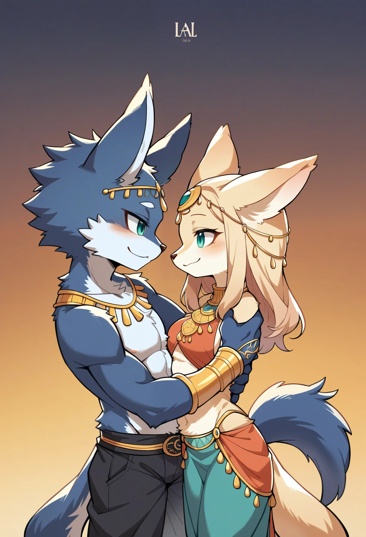 rating_safe, score_9, score_8_up, score_7_up, score_6_up, score_5_up, score_4_up, source_furry, highres, e621, cover page, movie poster, highres(1girl, 1boy, couple, kemono, furry anthro, fearless smile, Arab national costume, love romance)The Arabian Nights, Alf Laylah wa Laylah,