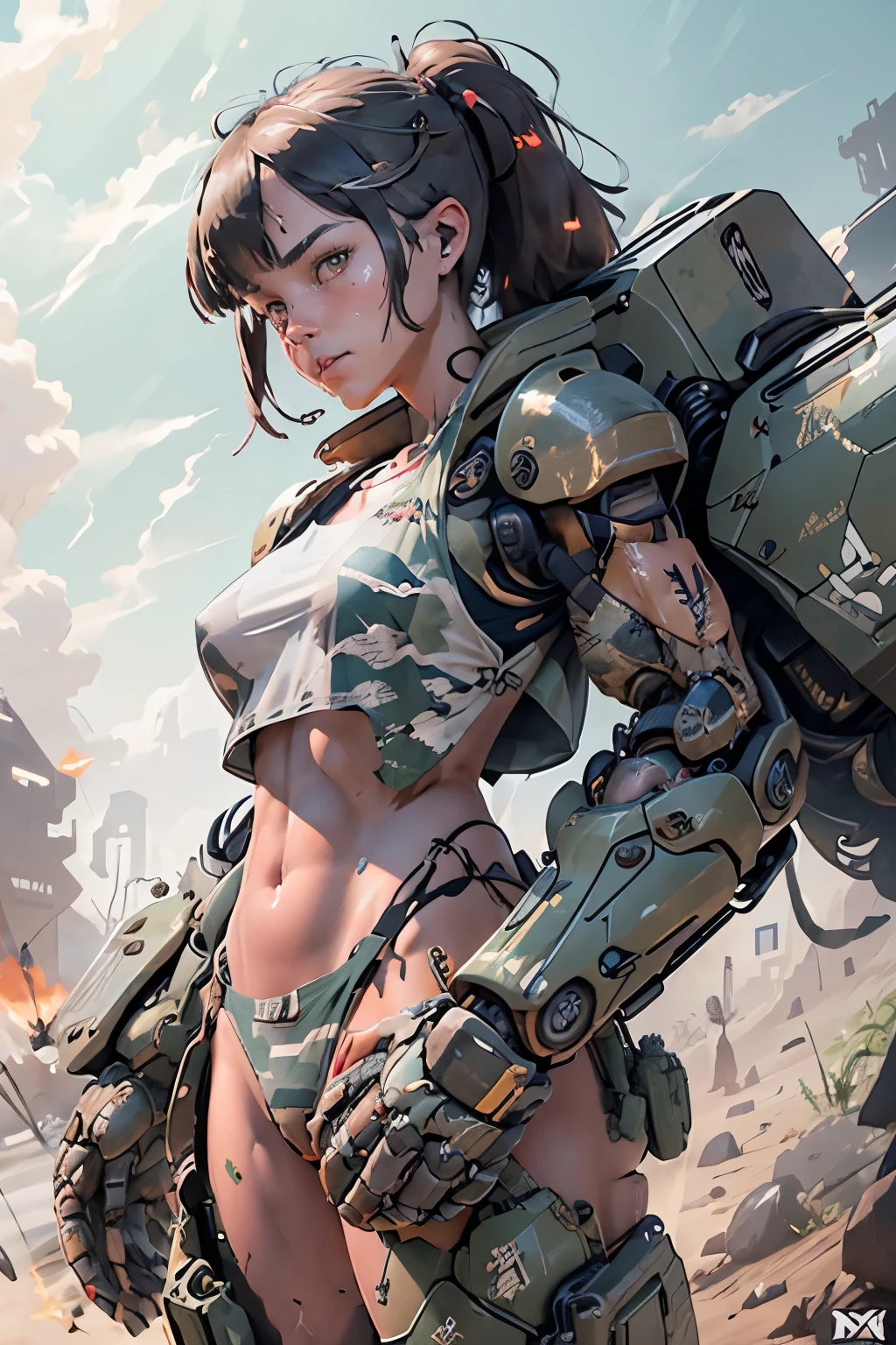 Beautiful woman in a slingshot bikini with camo patterns, mechanical bikini with camo patterns, tattered military gear, mechanized soldier girl, oversized mechanical exoskeleton oversized robotic gauntlet arms and robotic boots legs with camo patterns, inspired by Masamune Shirow, girl in mecha armor with camo patterns, mechanized valkyrie girl, cushart kenz, cool mecha style, bikini-armor with camo patterns, infantry girl, Bare Skin, Athletic Well Toned Body, sweaty skin, Barely Clothed, cammo patterns, Beautiful Face, dieselpunk Theme, Fiverr Dnd Character, Octane Render, Digital Art, Extreme Detail, 4k, Ultra Hd, Polished, Beautiful, Hyperdetailed, Intricate, Elaborate, Meticulous, Photorealistic, Sharp Focus, Wlop, Character Design, Unreal Engine, 3d Rendered, Volumetric Lighting, Reflections, Glossy, Digital Illustration, Pose, Suggestive Pose, Lewd, Full Body Shot, naked, vissible nipples, puffy vagina, anatomically correct 💖❤💕💋