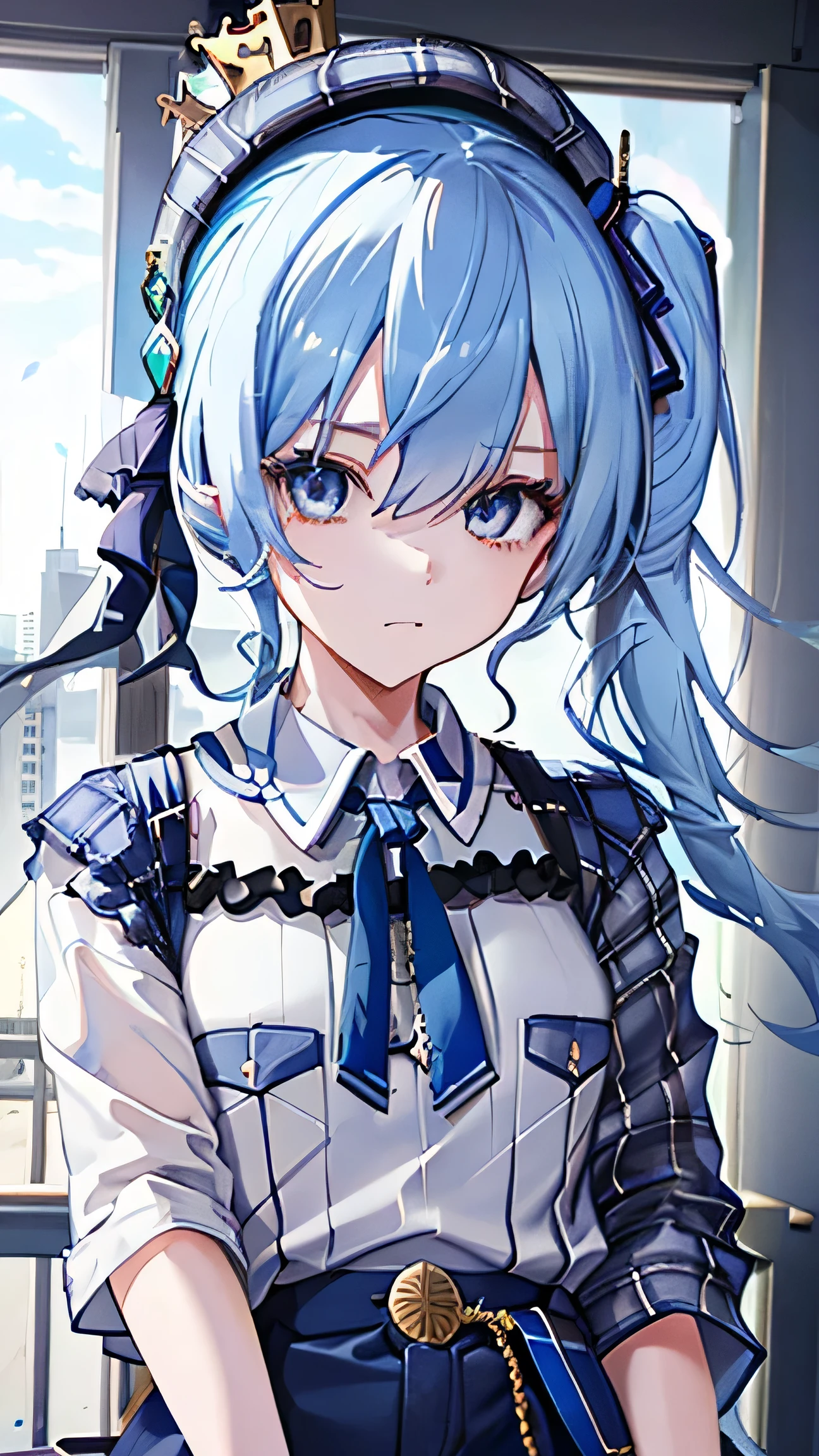 1girl, hoshimachi suisei, blue eyes, blue hair, plaid, plaid headwear, side ponytail, beret, crown, oversize tshirt, tshirt, wearing white tshirt, blue jeans long pants, jeans long pants, shirt, hair between eyes, ribbon, white long tshirt, oversized tshirt