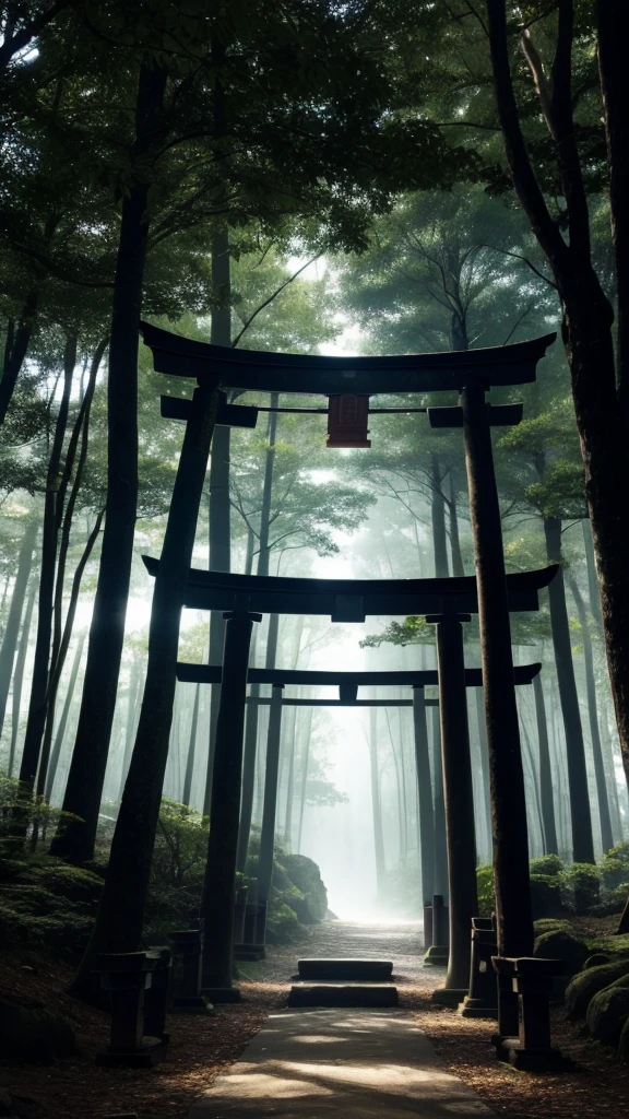 explanation: In a secluded forest, Sunlight penetrates through the dense canopy, Casts a magical glow on the forest floor. tree々に囲まれている朱色のtorii, Mysterious shadows come to life, Those who listen々whisper a secret to. The mysterious charm of whispering shadows、Capture the interplay of light and dark in this mystical setting。.(Japan) (shrine) (torii) 