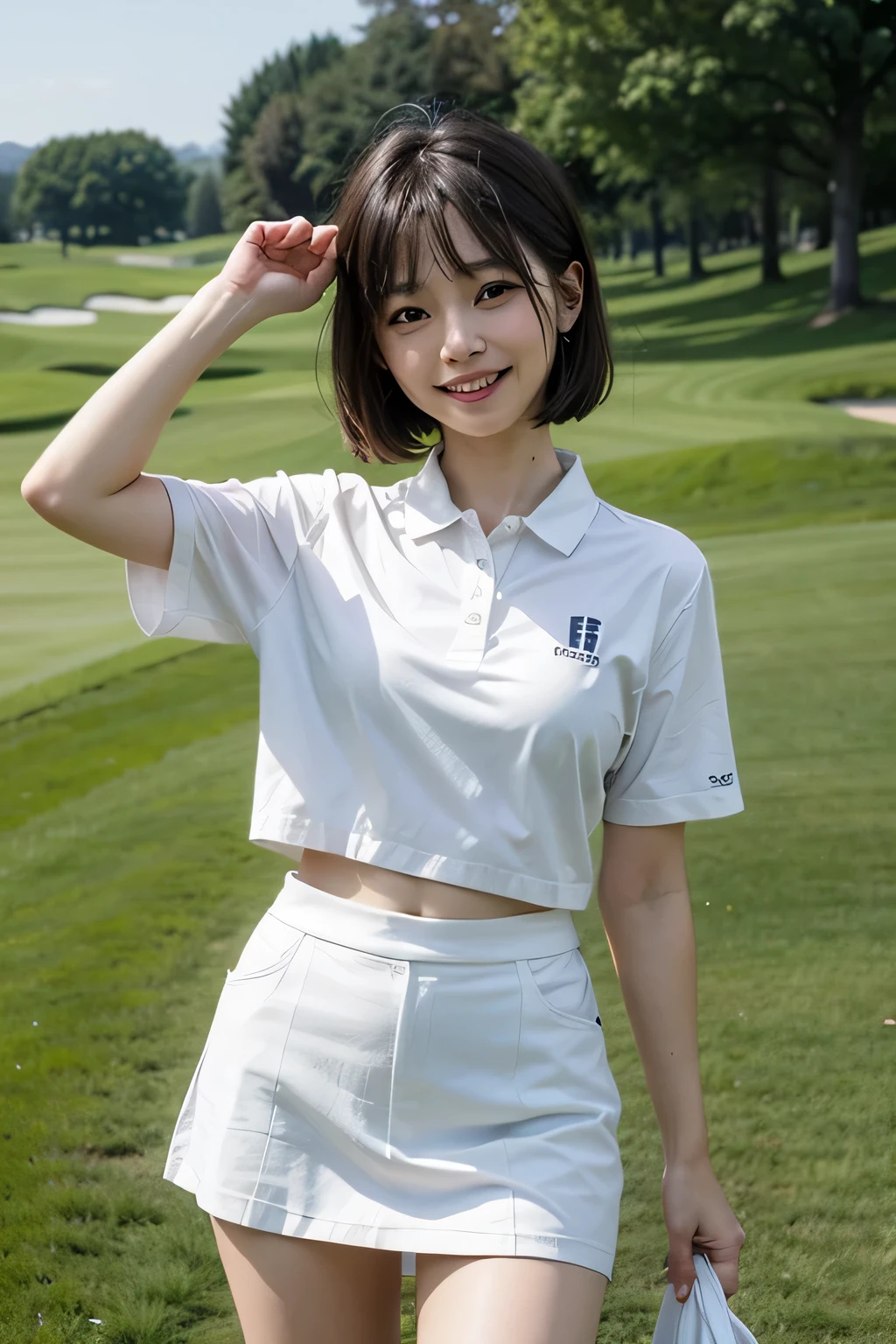 8K, Ultra-high resolution, Highest quality, masterpiece, 三分割法によるphotograph,Surreal, photograph, 1 Girl, (16 years old:1.3), pretty girl, Cute face, Beautiful eyes in every detail, 細かくdetailedに,masterpiece,, One Girl:1.2, Japan Female Announcer,whole body,(Golf Wear:1.5),(Golf course:1.5),Pencil Skirt、Knee socks, Attractive thighs, Sensual,A carefree smile,Heal the heart,Black Hair,Short Bob,Looking at the audience、beauty,Long neck、Laugh a little、Please close your mouth and laugh、(((Ideal body type))),A cup small  :2,、Portraiture:2、Perfect 、鮮明なdetailed、detailed、Surreal、Light and shadow,Strong light 