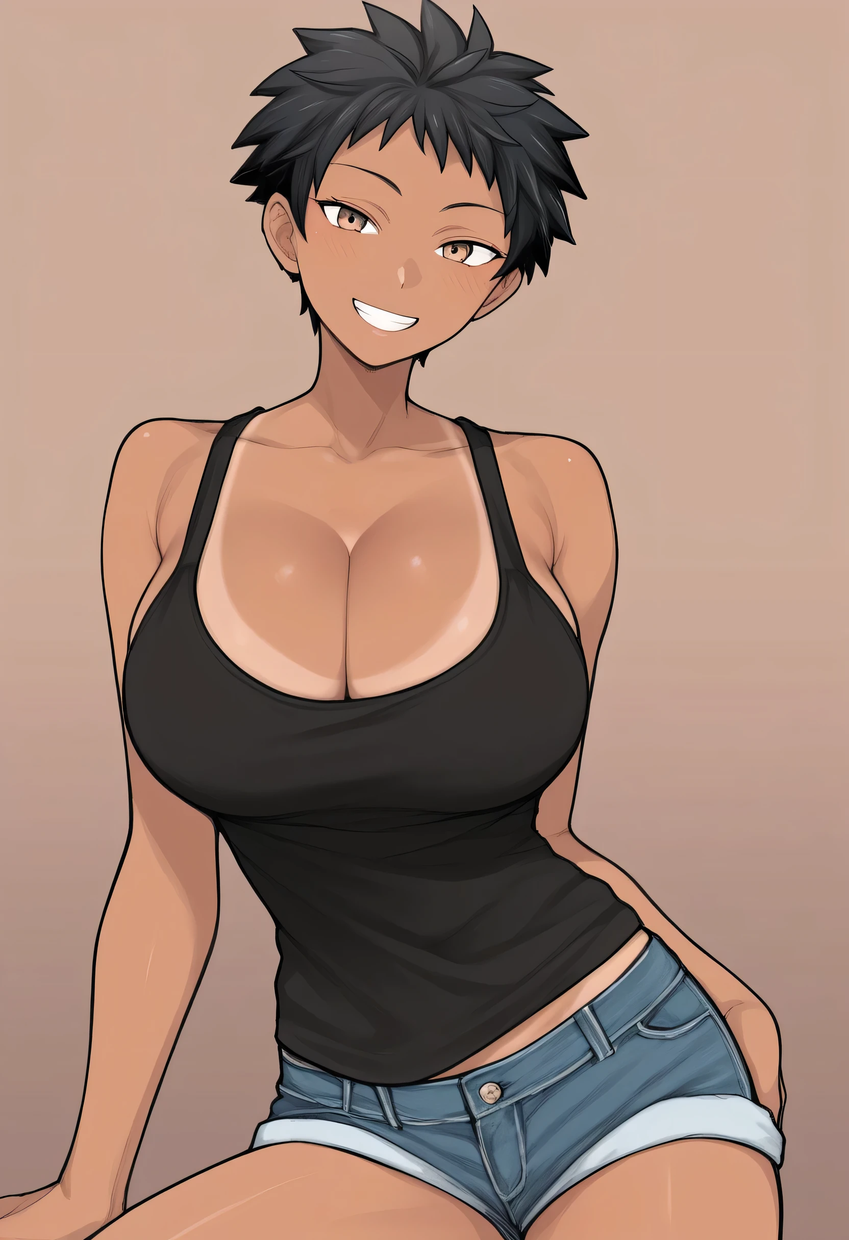 terasu_mc, score_7_up, best quality, 1girl, black hair, short hair, boyish, tanned skin, big breasts, black tank top, cleavage, short pants, smile