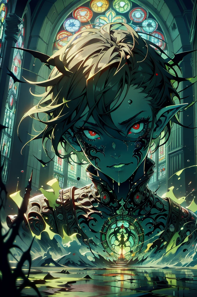 (masterpiece, best quality, hires, high resolution:1.2),1boy,mature,priest,silver hair,elf ears,red eyes,indoor,church,windows,stained glass windows,candles,AcidMagic,fantasy,toxic corrosion,acid aura,Vibrant colors,swirling patterns,abstract forms,surreal,trippy,abo,horror,(highly detailed:1.3),(post-Impressionist:1.2),fingernails,long fingernails,veins,close shot,((red eyes, extra eyes, horror \(theme\))),serious,droplets,well,COOL,indoors,(Surrealism),dreamlike,distorted,abstract,symbolic,