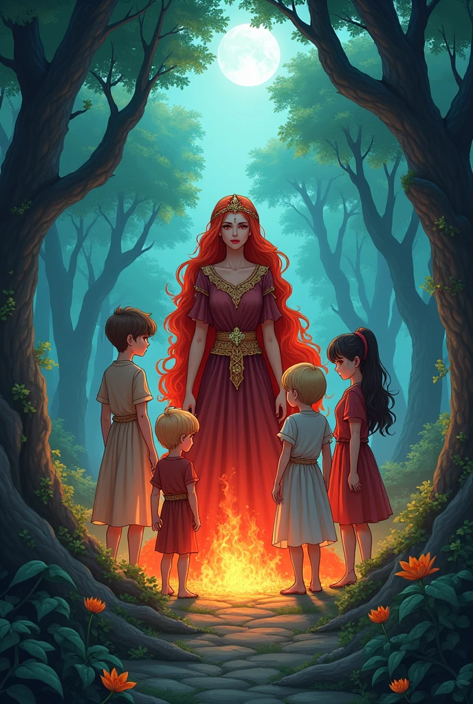 Reimagine mary of nazareth as a wiccan goddess surrounded by red haired children. Background is dark. Lighting is dim. Colors are red, black, white. Objects in scene are candles, smike, mirrors, pentacles, herbs, gemstones