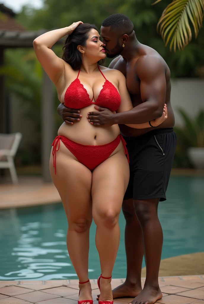 photograph of a 20yo dark skinned black woman, beautiful, gorgeous, sexy, cute, pretty, erotic, long shiny red hair, pigtails, dimples, pretty brown eyes, long eyelashes, perky lips, 28d breast, big buttocks, big thighs, manicured fingernails, manicured toenails, tattoos, red lace bra, red lace panties, red fishnet stockings, shipwrecked at sea, floating on the water, boat wreckage, rain, thunder, moon, lightning, hurricane, ocean, water, wood raft, sharks, fish, full body shot, dramatic angle, extreme angle shot