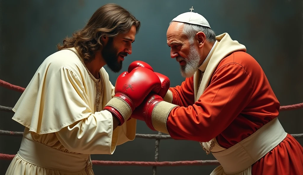 isolated vector art design featuring Jesus and Santa engaged in an arm wrestling competition. Depict both figures leaning over a table, their arms firmly intertwined, displaying a mixture of effort and amusement. Use bold colors and expressive linework to convey the playful nature of the scene, while ensuring the design maintains a sense of reverence, in the style of 0mib