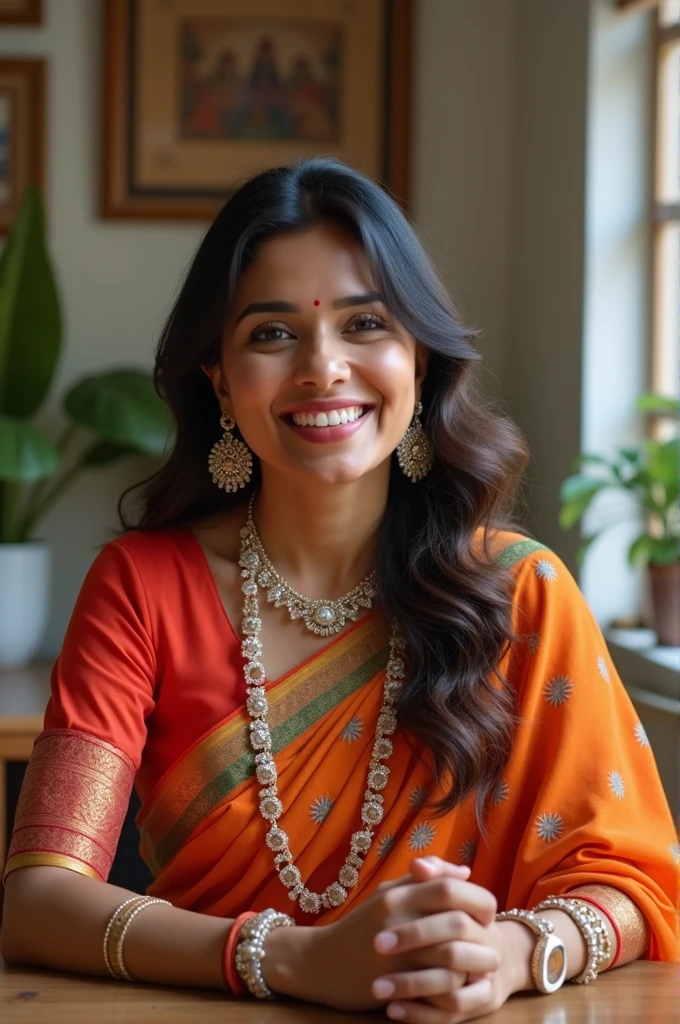 A young Indian happy lady sitting in a big chair and behind the wall written "Sanmati"