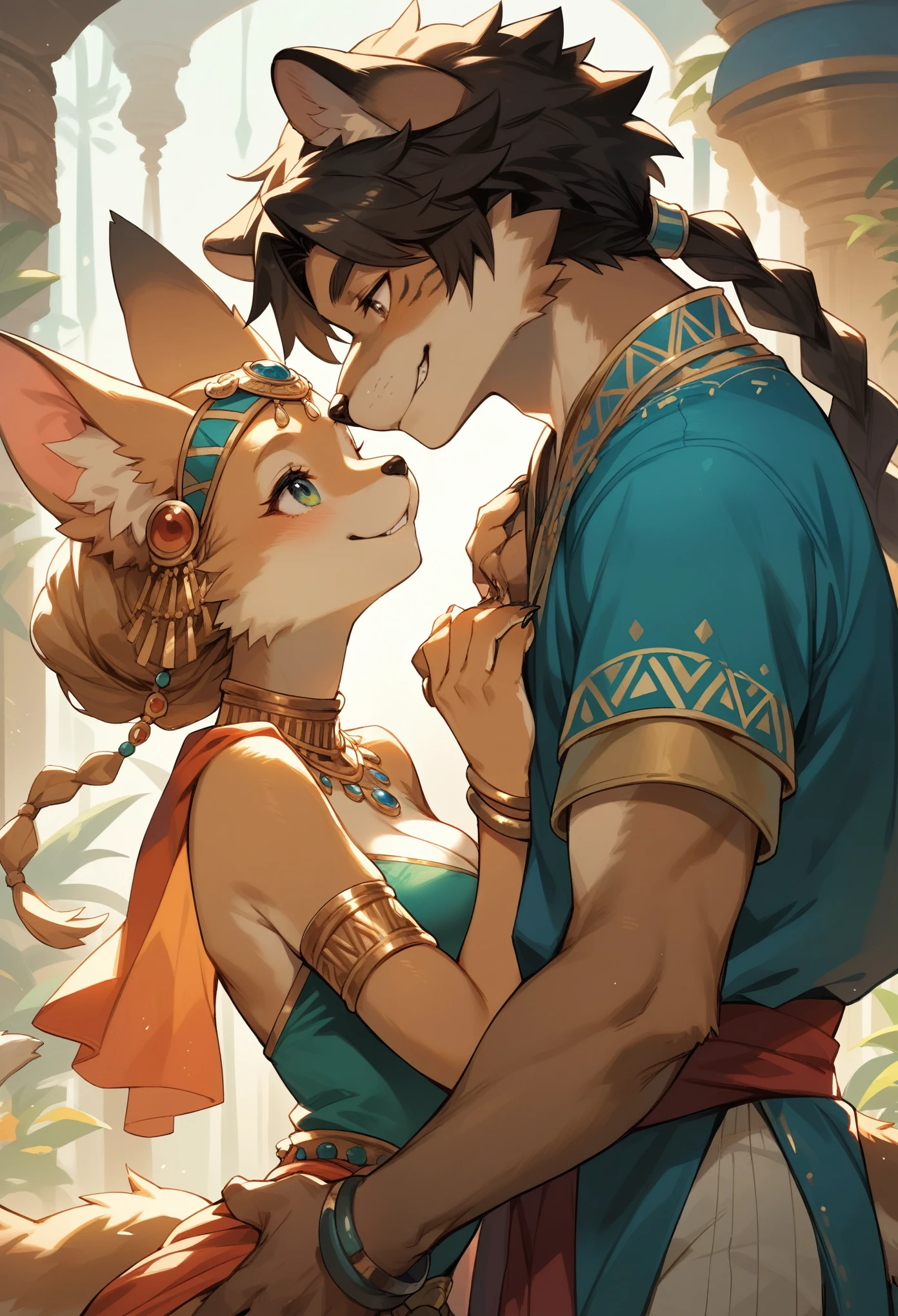 rating_safe, score_9, score_8_up, score_7_up, score_6_up, score_5_up, score_4_up, source_furry, highres, e621, cover page, movie poster, highres(1girl, 1boy, couple, kemono, furry anthro, fearless smile, Arab national costume, love romance)The Arabian Nights, Alf Laylah wa Laylah,