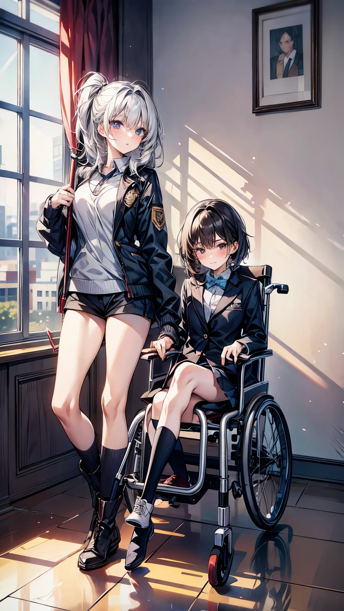 one disabled beautiful girl,1 girl,high school uniform,Beautiful girl with a broken leg and crutch,disabled leg,thin body,((Lean on a cane)), With a cane,medical, Carrying a walking stick, leg brace, Leg and thigh shots, Really great images, Leg shots,smile, Blushing, boots with leg brace,