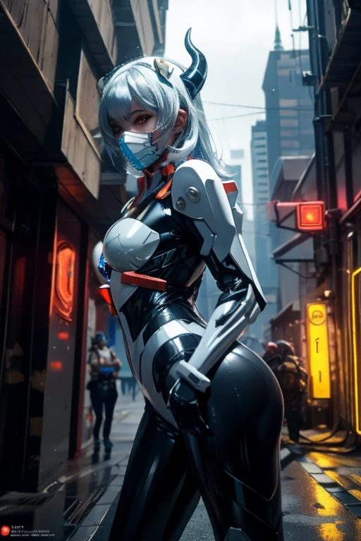 1girl, a beautiful girl cyborg cyberpunk with a cyberpunk city tall buildings, white hair, cybermask, white and orange and black machine suit color combination, the body full of machine, realistic futuristic hologram, asian skin tone, beautiful eye, beautiful asian face, cyber ear machine, suits is solid mecha, realistic machine, sci fi scape, manipulation is a masterpiece, long hair, masterpiece, suit of cyberpunk, realistic sci fi building texture mecha aestethic, digital cyberpunk, looming over a city, cyber technology, realistic hair, lots of hair, white of hair, realistic metal solid texture of building, realistic neon glow, realistic neon sign, wonderful side lighting, realistic futuristic cyberpunk building, realistic girl robot cyberpunk, fog, foogy, masterpiece of detail, RAW IMAGE, depth of field, point of interes, depth of field is masterpiece, best photography composition masterpiece, natural realistic hair, rule of third masterpiece photography, natural lighting, photography masterpiece natural lighting from side, realistic skin texture, strong reflection, ( pose pinterest) masterpiece beautiful, Devil Horns, smooth pixel, ray of light, soft light, small breasts, mastepiece of cyber mask, masterpiece fantasy gun, carry a fantasy weapon, weapon fantasy (artstation)