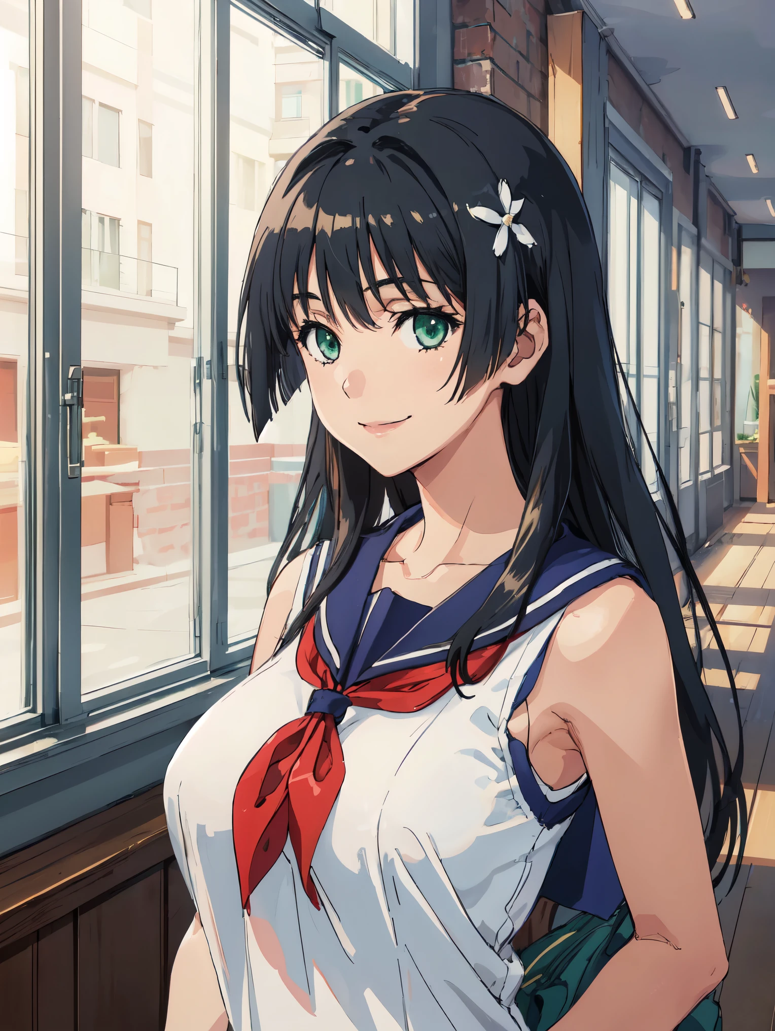 One girl, Saten Ruiko,Sleeveless,Sailor suit, Green Eyes, Long Hair, Black Hair, Large Breasts, smile,No background,