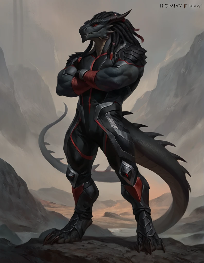 a ferocious male dragonborn, solo, muscular detailed body, standing with crossed arms, full body, black color body, scalie tentacle dreadlocks, red eyes, pants, armless bodysuit, comicbook style, best quality, 4k, ultra-detailed, by laobai, by taran fiddler, by honovy