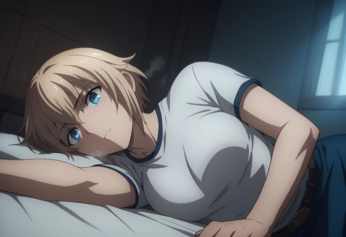 sauce_anime, ambient light,
fsn_ubw_style, Jean D. Arc,  1girl ,tall girl, straight hair ,short cut hair, blond hair, deep blue eyes,, hair between eyes,, close up face:0.2 ,  
nsfw, JeanArmor,  undress T shirt,
indoors, bed, realistic bed room, (on side), steam,
cowboy shot, looking at below, solo, dutch angle, , medium breast, 