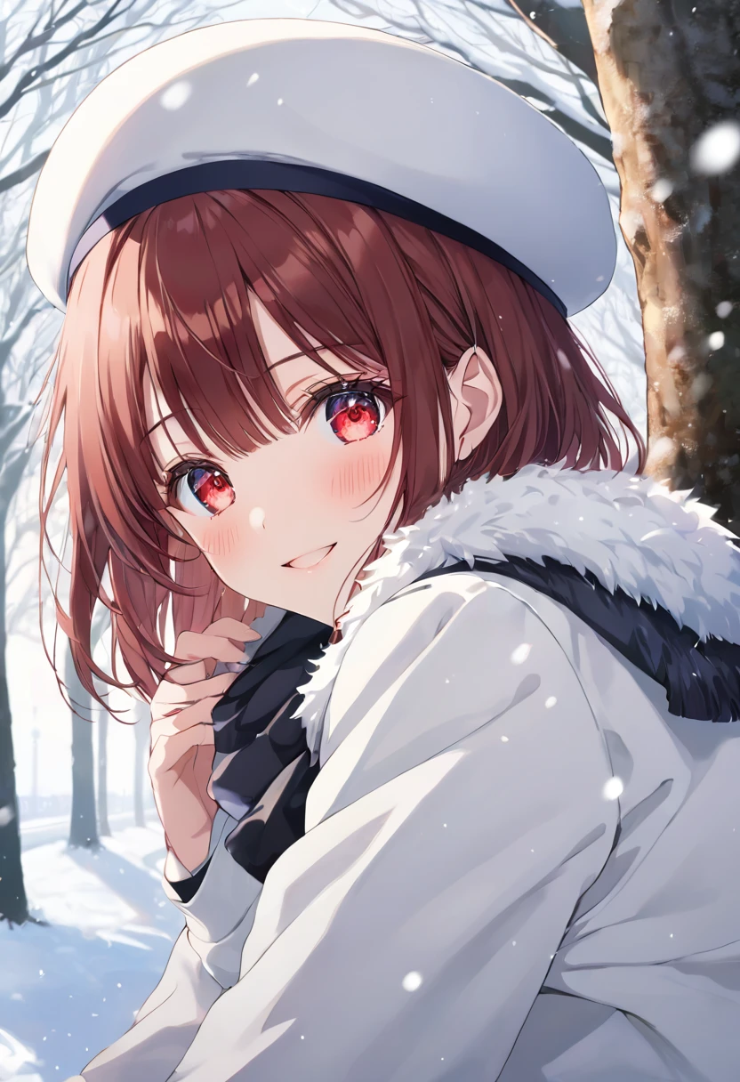 masterpiece, best quality, ultra detailed, detailed eyes, sparkling eyes, large breasts, upper body, 1girl, arimakana, white hat, beret, fur jacket, fur trim, white jacket, looking at viewer, blush, light smile, bare tree, snow, snowing, dutch angle, sitting, against tree, breath, steam,
BREAK
score_9, score_8_up, score_7_up, score_6_up, anime, screencap