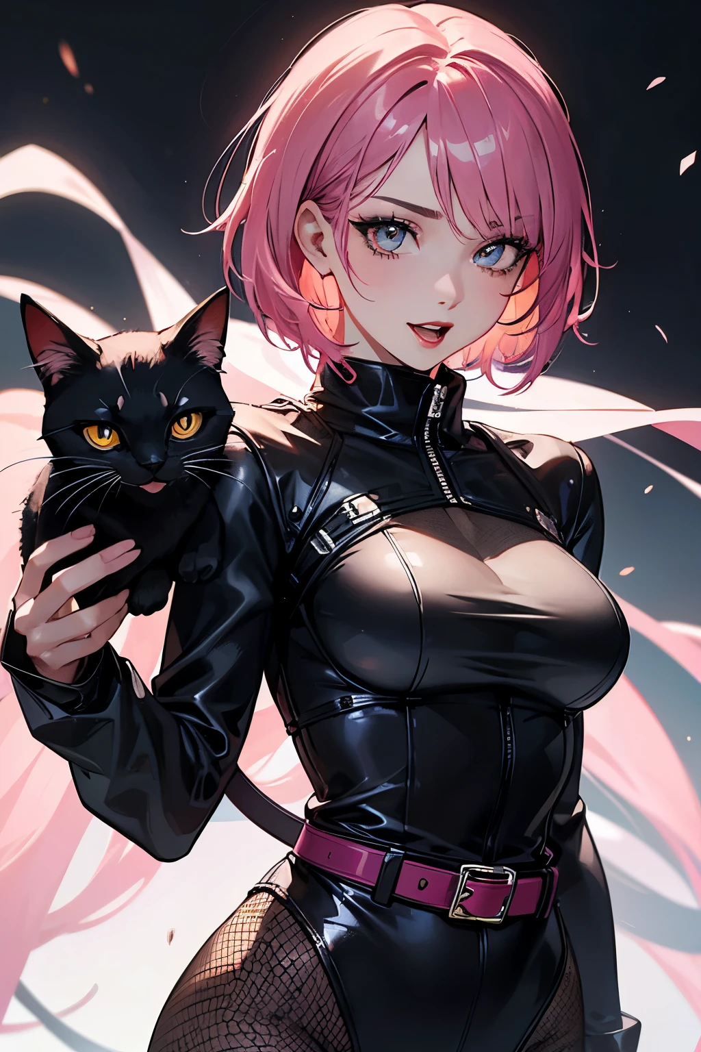 (highest quality:1.2), a 20-years-old girl with a black mechanical cat,  from front view,  a photorealistic cute girl,  noble face, open mouth to joy, showing a contemptuous smile towards a woman, European faces like a doll, heavily make-up faces with scornful, bright eyes with heavy dark eyeshadow, dark bloody-red lip,Short-cut pink hair, upper body portrait above the knees, wearing long sleeve leotard,tight-fitting and extra shiny black leotard, wearing fishnet bodysuits, wearing red belt. the girl and the black mechanical cat looks each other.
