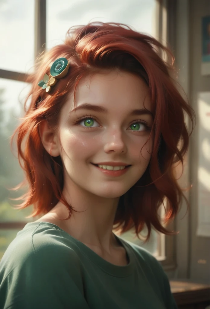 a beautiful red-haired, green-eyed, smiling girl of about 20 years old,
basking in the soft
radiance
of sunlight, every shade of which shimmers in a spiral.high detail, high detail, masterpiece, high quality, Very detailed, Shine, photorealism, movie lighting effects, ray tracing, scar on cheek, Hair ornament in the form of a hare, atmospheric perspective, Диафрагма F16, Equirectangular projection, seating chart, Ultra wide angle, Sony FE GM, 