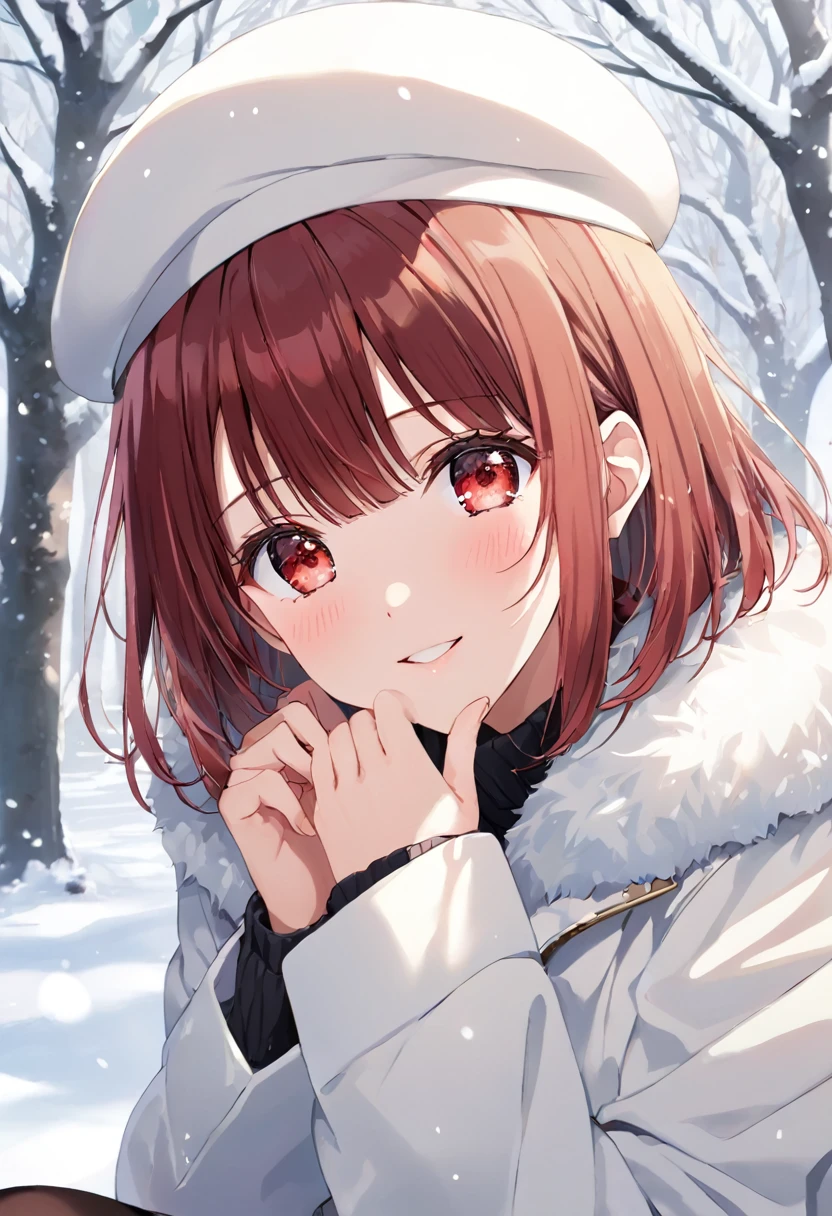 masterpiece, best quality, ultra detailed, detailed eyes, sparkling eyes, large breasts, upper body, 1girl, arimakana, white hat, beret, fur jacket, fur trim, white jacket, looking at viewer, blush, light smile, bare tree, snow, snowing, dutch angle, sitting, against tree, breath, steam, BREAK score_9, score_8_up, score_7_up, score_6_up, anime, screencap