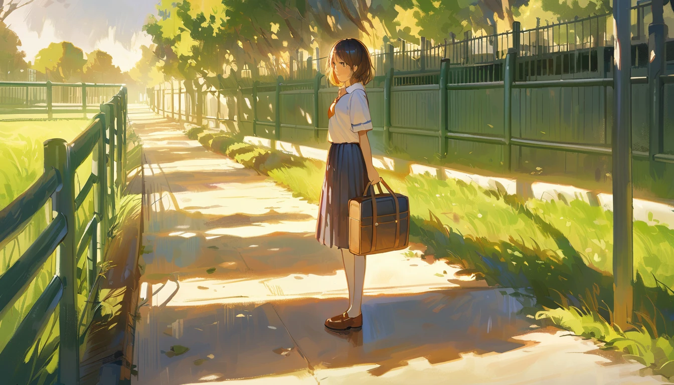 The image portrays a serene outdoor setting, possibly a park or a school grounds. A young girl with short brown hair is standing by a bench, gazing into the distance. She's wearing a white shirt paired with a pleated skirt, and has a black bag slung over her shoulder. She's holding a brown bag in her hands. The sunlight filters through the trees, casting dappled shadows on the ground. The girl's outfit suggests a school uniform. The surrounding environment includes green grass, a fence, trees, and a tree trunk. The entire scene is bathed in a soft, golden light, suggesting it might be either early morning or late afternoon.,masterpiece, best quality,