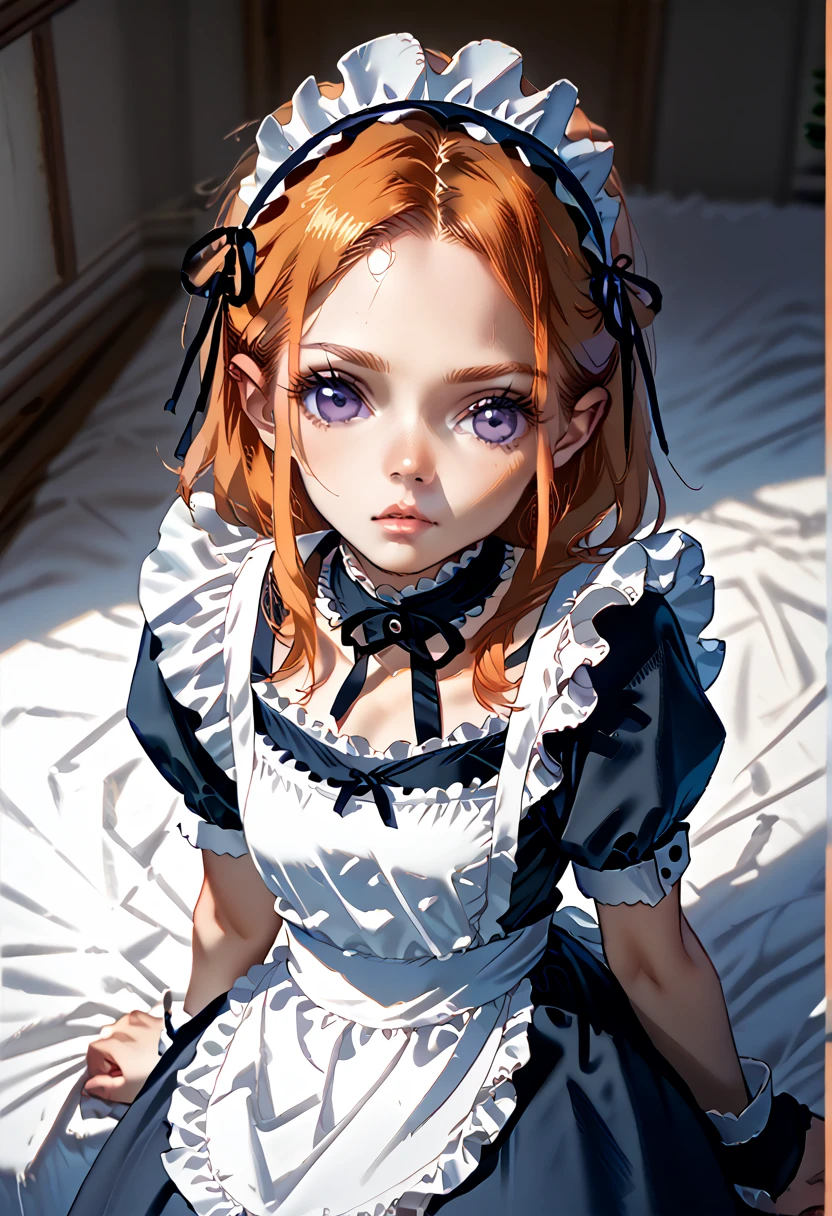 masterpiece, high quality, 1 girl, purple eyes, orange hair,maid headdress, maid,