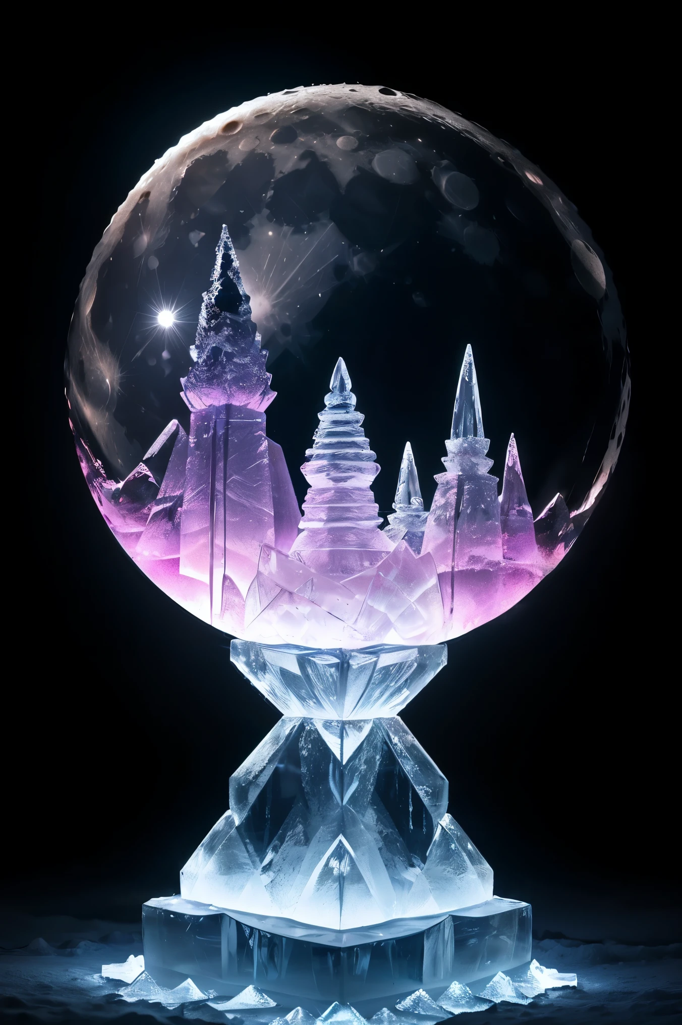 ((a moon ice sculpture made of ice)), dark, glimmer, bokeh, pink crystalloluminescence lighting