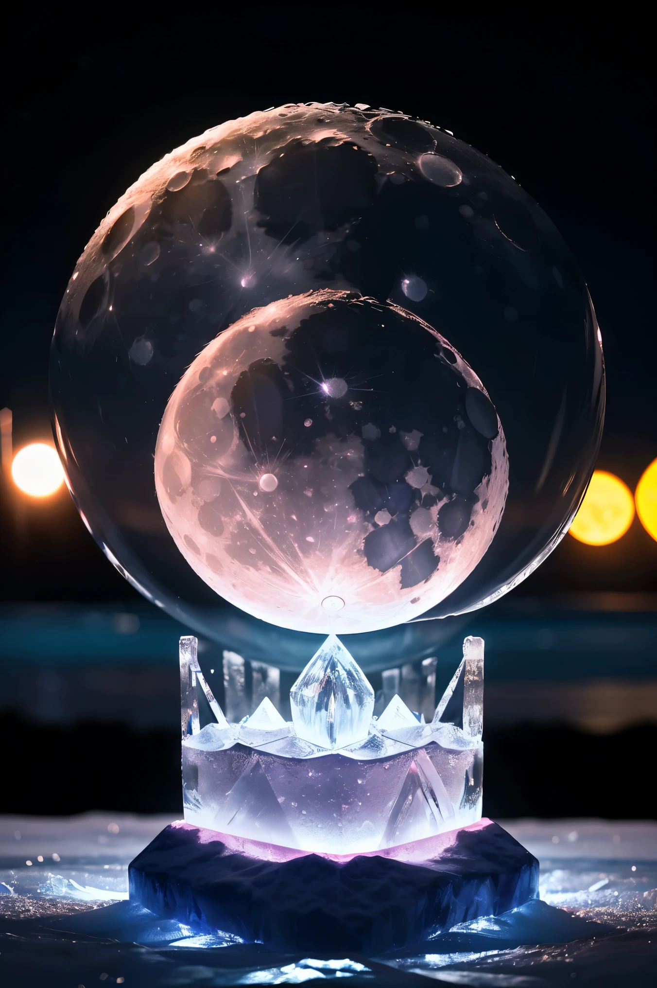 ((a moon ice sculpture made of ice)), dark, glimmer, bokeh, pink crystalloluminescence lighting