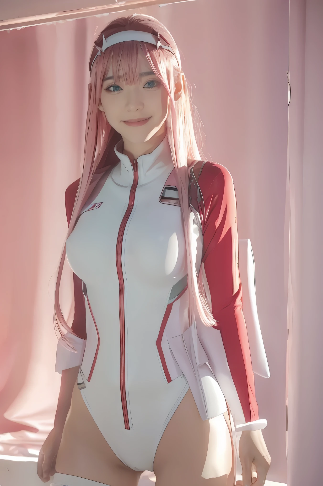((best quality)),((highly detailed)),masterpiece, detailed face,beautiful face,((detailed eyes, deep eyes)),(1girl),((dynamic pose)),   Zero_Two, green eyes, 1girl, solo, red bodysuit, long hair, pilot suit, pink hair, bodysuit, straight hair, hairband, standing, horns, breasts, bangs, closed mouth, looking at viewer, medium breasts, white hairband, skin tight, blunt bangs, makeup, eyeshadow, very long hair, sidelocks, expressionless, hair between eyes, red horns, shiny hair, smile 