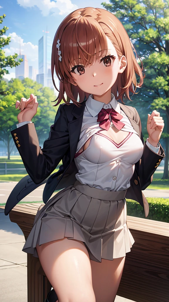 masterpiece, best quality, highres, 1girl, solo, aamazaki, (antenna hair:1.2), necktie, microskirt, sleeveless, , black thighhighs, jewelry, happy, cowboy shot, outdoors, forest, huge breasts, sideboob, curvy