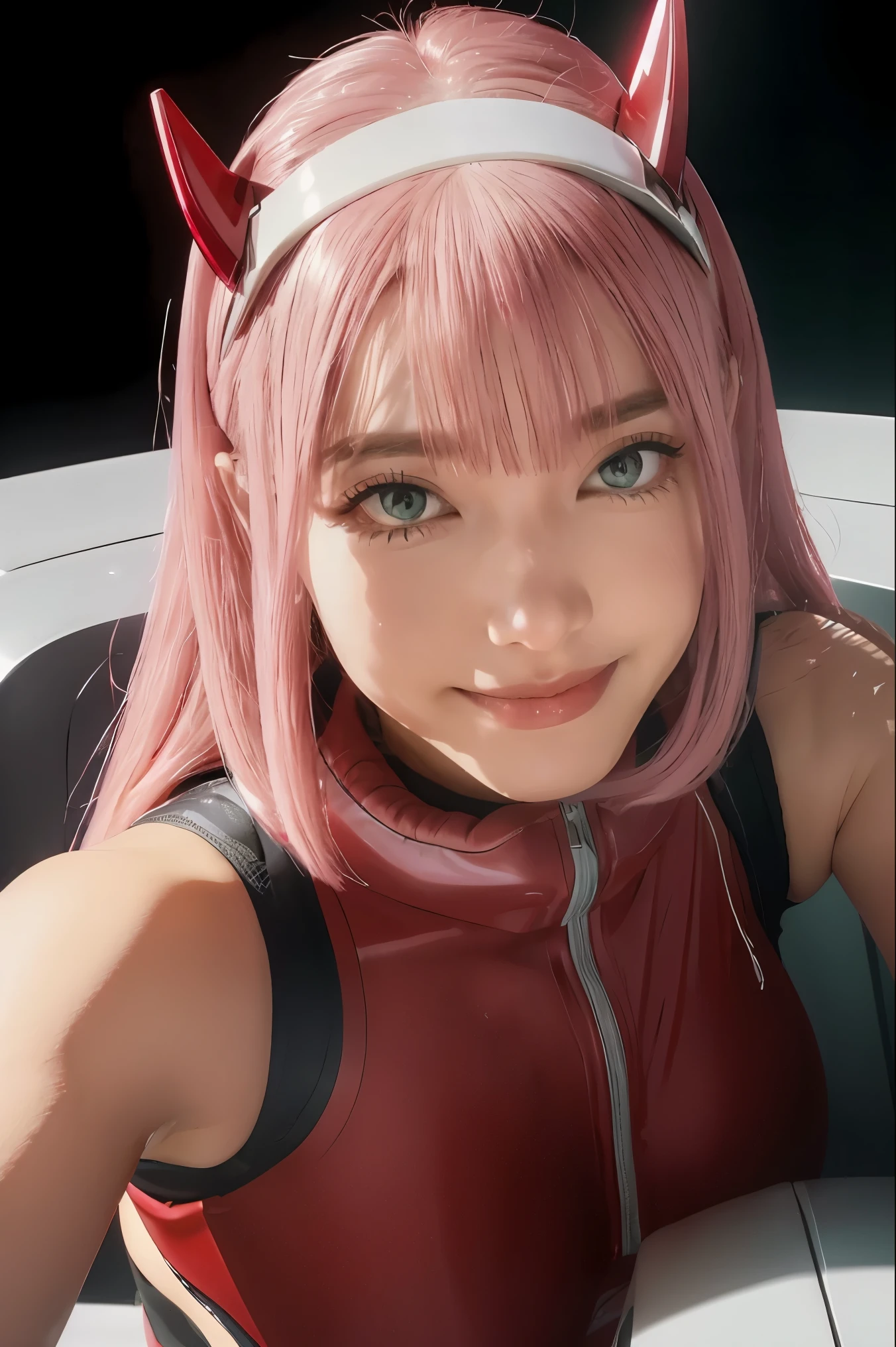 ((best quality)),((highly detailed)),masterpiece, detailed face,beautiful face,((detailed eyes, deep eyes)),(1girl),((dynamic pose)),   Zero_Two, green eyes, 1girl, solo, red bodysuit, long hair, pilot suit, pink hair, bodysuit, straight hair, hairband, standing, horns, breasts, bangs, closed mouth, looking at viewer, medium breasts, white hairband, skin tight, blunt bangs, makeup, eyeshadow, very long hair, sidelocks, expressionless, hair between eyes, red horns, shiny hair, smile 