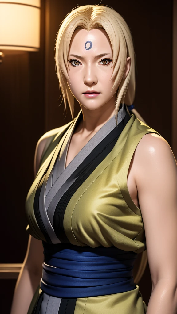 real Life adaption of this character,her name is Tsunade senju from anime naruto ,hyper realistic ,very realistic detailed yellow hair, high resolution, photorealistic,very detailed,very realistic outfit, Japanese face,detailed shining eyes, calm expression,realism,