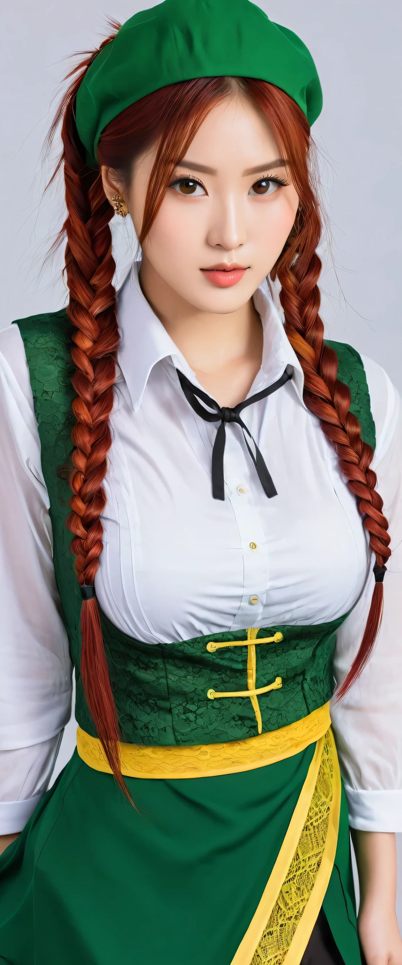 A tall, beautiful, big, attractive Asian girl with big breasts, long red hair, short braids, black bun, wearing a green cap, her brown eyes are wearing a white long-sleeved shirt, underneath a green vest, a knot, a yellow sleeveless lace, and a green skirt, partly separated, a green heel, gorgeous.