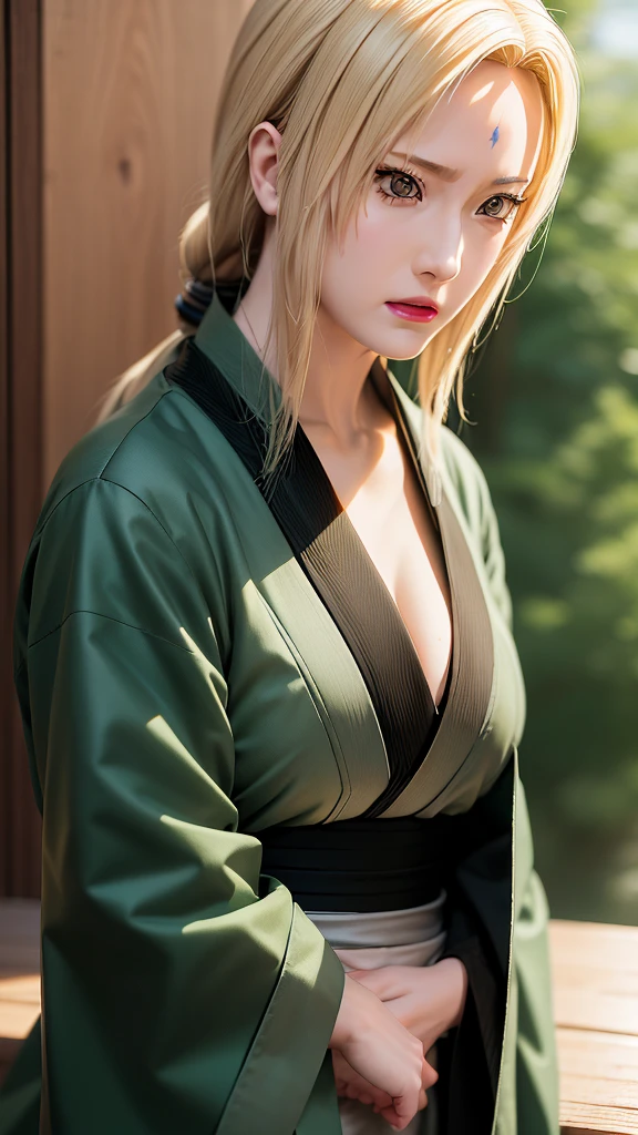 real Life adaption of this character,her name is Tsunade senju from anime naruto ,hyper realistic ,very realistic detailed yellow hair, high resolution, photorealistic,very detailed,very realistic outfit, Japanese face,detailed shining eyes, calm expression,realism,