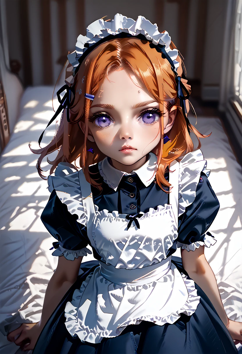 masterpiece, high quality, 1 girl, purple eyes, orange hair,maid headdress, maid,