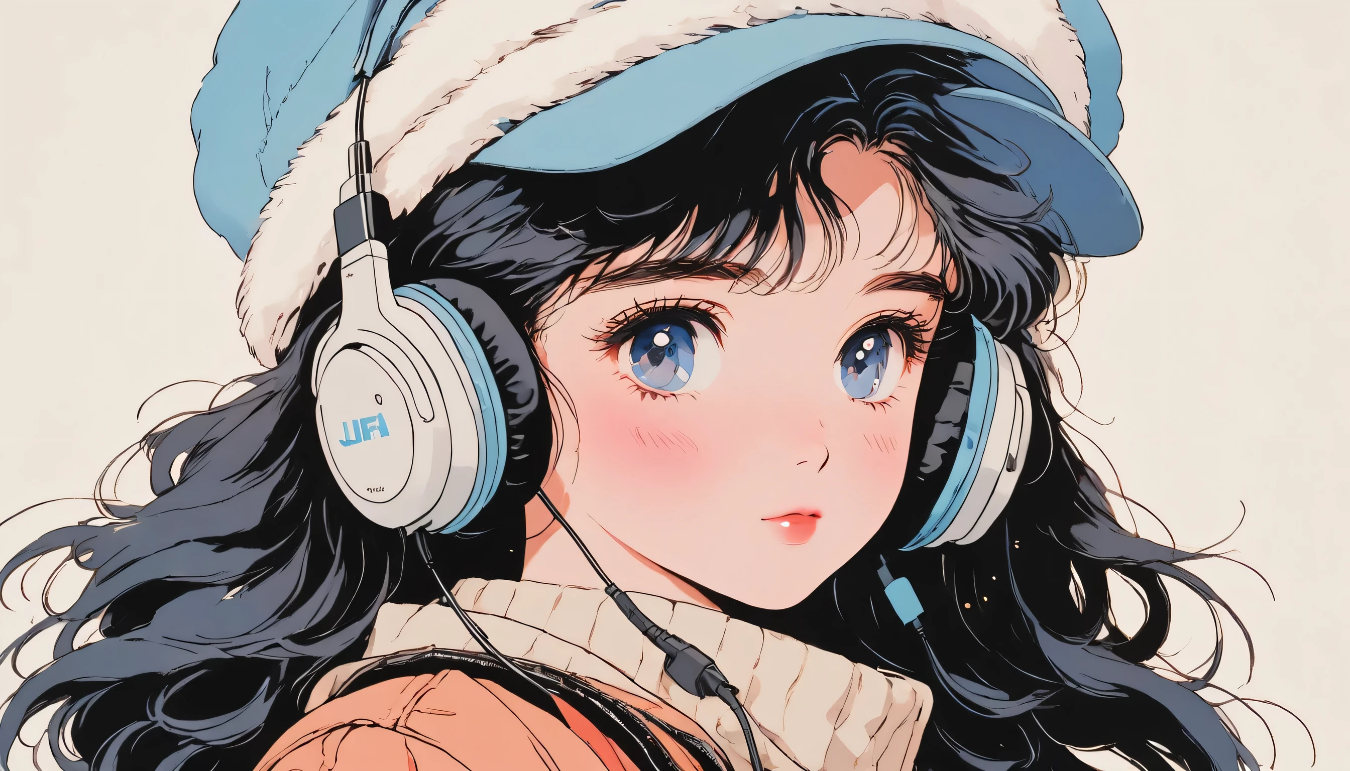 90’s anime style, 1990s style, clear, 1980s style, (blush:1.7), the highest quality, 8k, 1 woman, Only, lofi girl, lofi art, lofi feeling, looking at the viewer, very big eyes, wearing 1980s clothes, upper shot, close up, smiling, light brown eyes, skin white as snow, sparkling eyes, blue hair, wavy hair, anime girl wearing a cap and wireless headphones, solid white background with no other elements