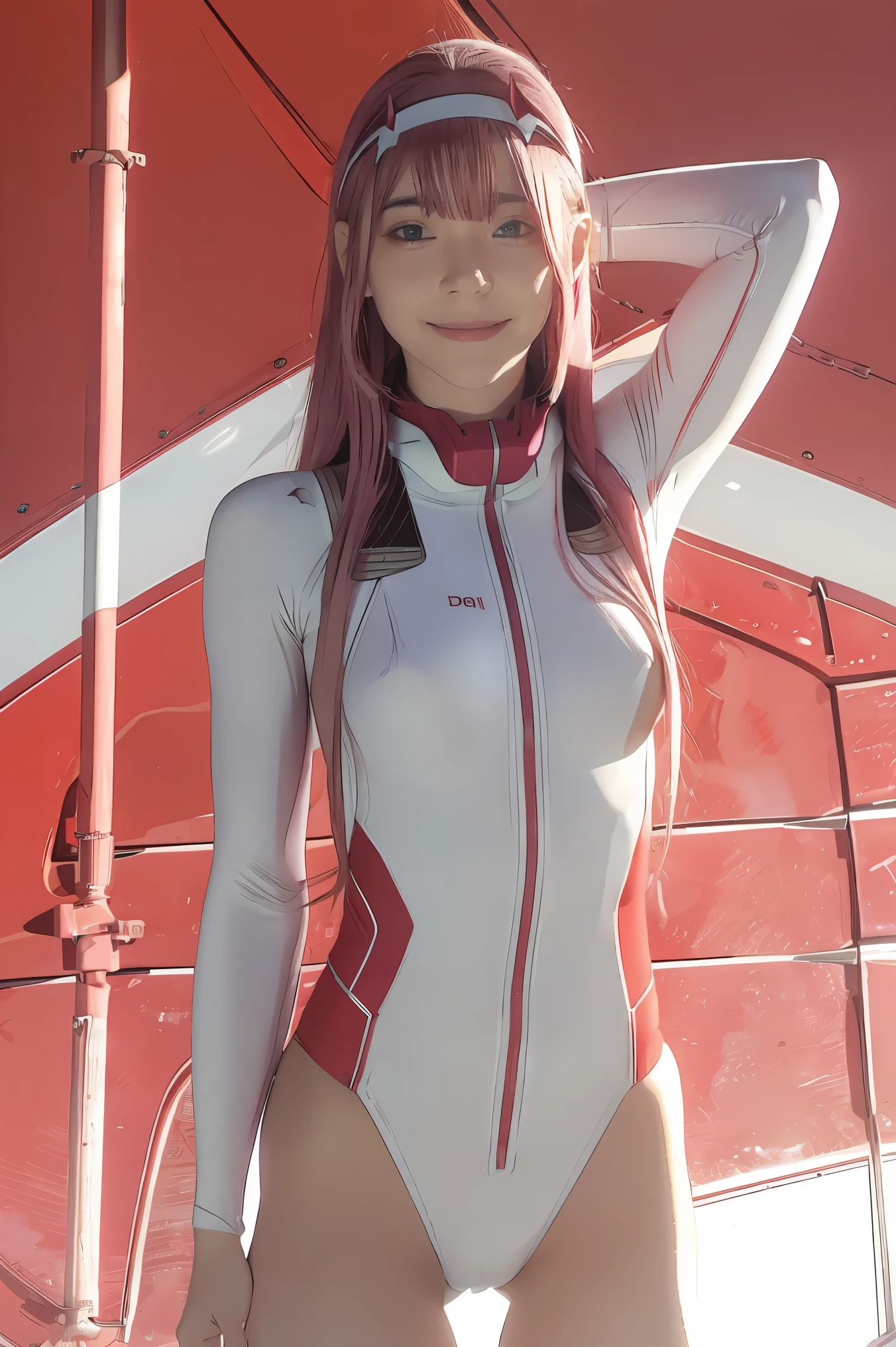 ((best quality)),((highly detailed)),masterpiece,absurdres,detailed face,beautiful face,((detailed eyes, deep eyes)),(1girl),((dynamic pose)),   Zero_Two, green eyes, 1girl, solo, red bodysuit, long hair, pilot suit, pink hair, bodysuit, straight hair, hairband, standing, horns, breasts, bangs, closed mouth, looking at viewer, medium breasts, white hairband, skin tight, blunt bangs, makeup, eyeshadow, very long hair, sidelocks, expressionless, hair between eyes, red horns, shiny hair, towards viewer, smile, 