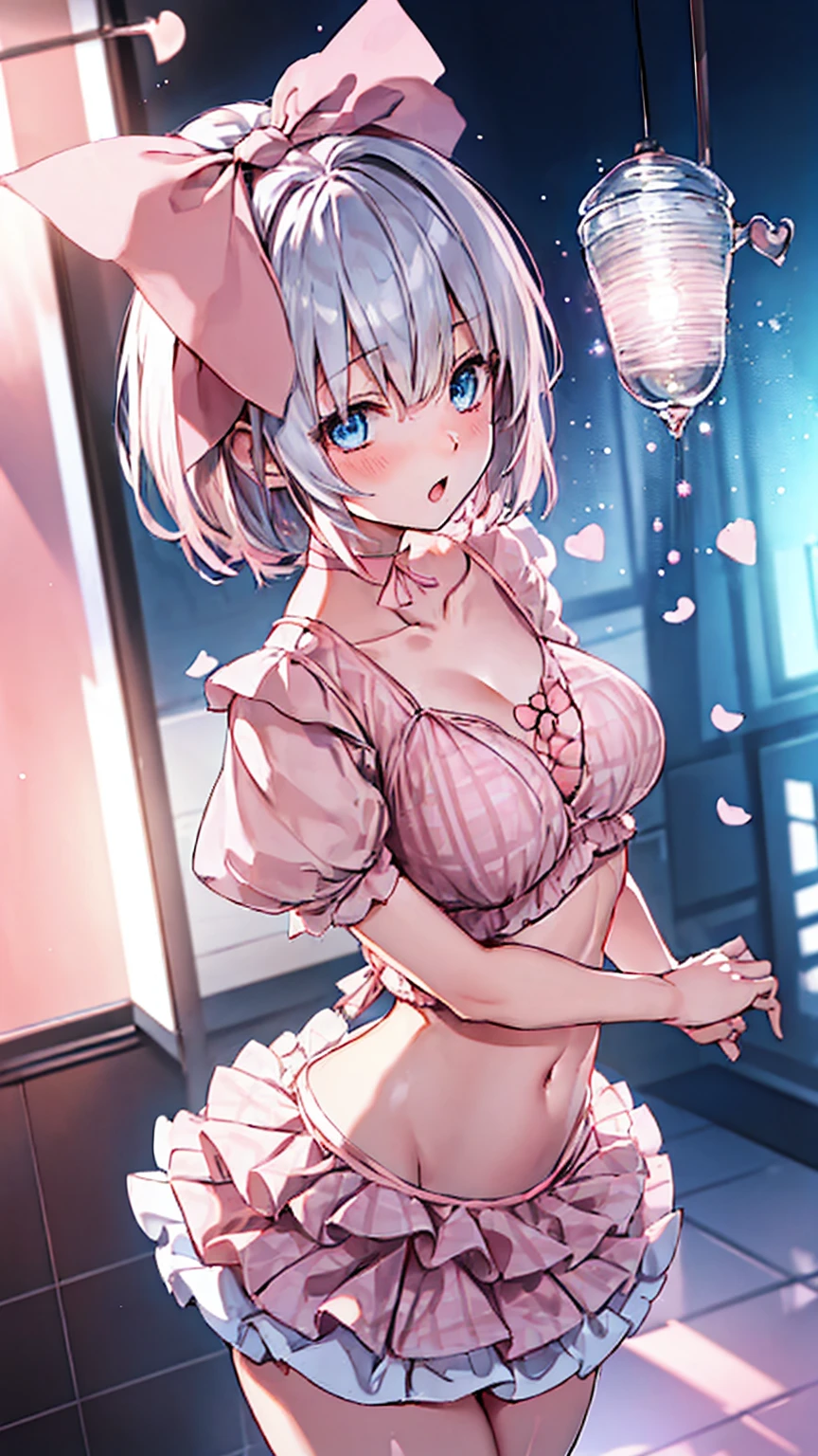 socks,whole_body,open mouth,pleasure,blush,embarrassed,(((low angle))),(best quality, 8k, masterpiece:1.2, ultra-detailed,anime,Soft lighting,Bokeh), konpaku_youmu \(touhou\),1girl,Anime-like beautiful girl,silky smooth and very beautiful skin,very beautiful embarrassed face,Ordinary chest, 5headed body,Skinny type,Not muscular,５This refers to,Manicure is cherry colored, break, Perfectly beautiful figure,Height 162cm,Bust 87cm,Waist 56cm,Hip 85cm, blue eyes, girl, silver_short_hair, blue eyes, white_hair, solo, (bangs, white_silver hair, shining hair, light hair, ),BREAK,official alternate costume, (((skirt_dress))), hair ornament, collarbone, (((frilled_dress,frilled_skirt)), (((pink and light pink tartan plaids frilled dresse:1.4))),(((ribbon_trimmed underwear,frilled underwear))),BREAK,high_socks,black_socks