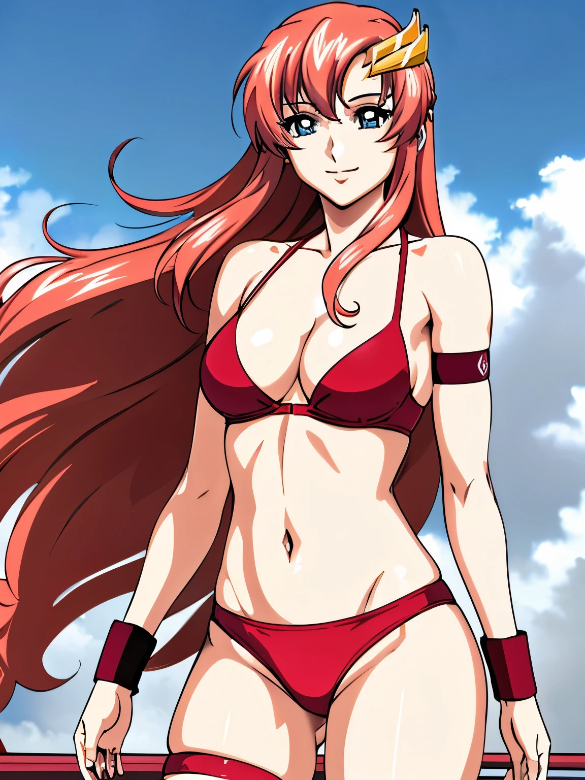 lacus4, (red bikini:1.5), (running, thong, (tall girl:1.5), (biceps:1.1), (hair details:1.3), (face details:1.0), masterpiece, cowboy shot, very slim shoulders, 4K, (Best Quality:1.2), Anime style: 1.9, happy, Adult Woman, (ultra detailed head), (cloud background), Drawing lines, high resolution, lacus4), 1girl, Solo, curvy figure, clavicle, scapular, (missy bangs:1.4), (missy bangs, long hair, Detailed reddish-pink hair, shiny streaks, slim arms), (wristband:1.4), (cleavage:1.3), large hands, (hair cover shoulders). (Big blue eyes, shiny eyes), ((female wrestler, (slim body), slim arms, thighs)), ((perfect proportions, medium thighs, long belly)), ((totally red bra, leg strap)), (medium-small breasts:1.1), smile with a wink, (standing, hot colors), detailed fingers, (bare shoulder), (windy:1.0)
