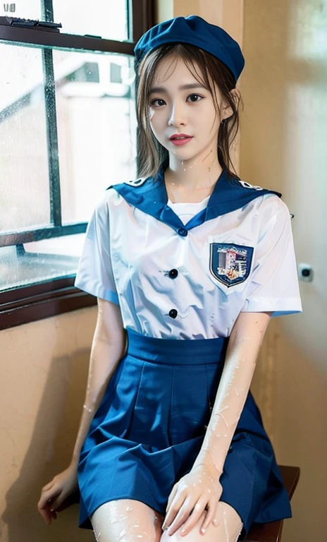 (A gorgeous chinese lady, night, train, wearing a white short-sleeve button shirt, blue sailor cap
,JK school uniform, serafuku, seifuku, plaid tie, plaid hair scarf, youthful charms, smooth complexion, beautiful detailed face, beautiful detailed eyes and lips, long eyelashes, (wet:1.2),

Slender figure, perfect body proportion, friendly expression, cute dimples, kind smile, short hair, side ponytail, confident & poised demeanor, sitting legs opened, blue uniform, msc, bwc, schoollogo,

 (best quality, 4k, 8k, highres, masterpiece:1.2), ultra-detailed,(realistic,photorealistic,photo-realistic:1.37), HDR, UHD, studio lighting, ultra-fine painting, sharp focus, physically-based rendering, extreme detail description, professional, vivid colors, blurred background, bokeh effect,SFW, Safe for Work, Cowboy shot, Ass Focus,)