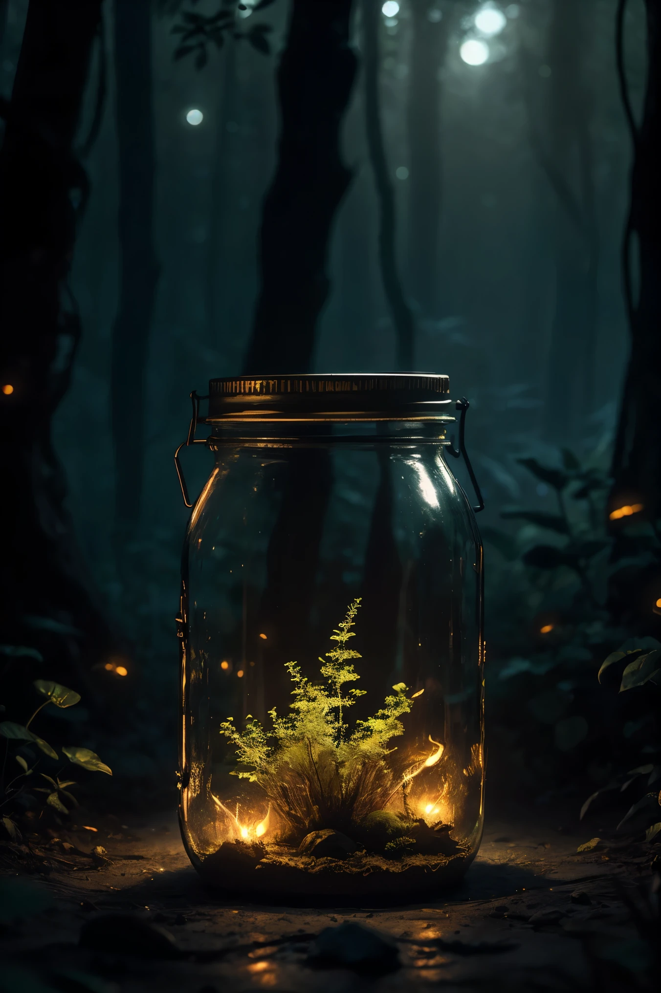 a dimly lit enchanting forest at night, mason jar glowing with ethereal fireflies, mesmerizing otherworldly atmosphere, highly detailed, 8k, dramatic lighting, fantasy, magical, mystical, bokeh, lush foliage, dramatic shadows, cinematic composition, warm color tones