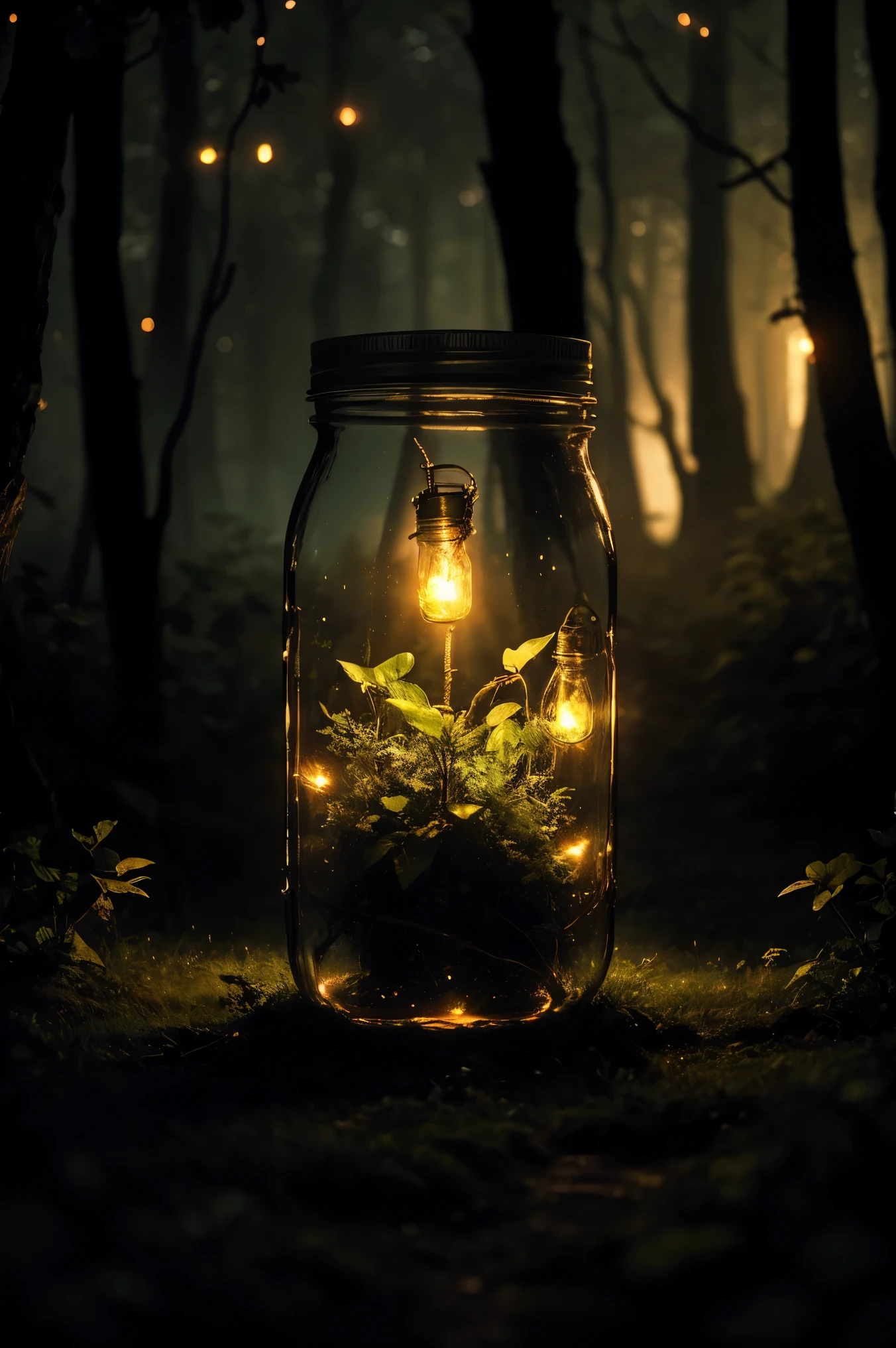 a dimly lit enchanting forest at night, mason jar glowing with ethereal fireflies, mesmerizing otherworldly atmosphere, highly detailed, 8k, dramatic lighting, fantasy, magical, mystical, bokeh, lush foliage, dramatic shadows, cinematic composition, warm color tones