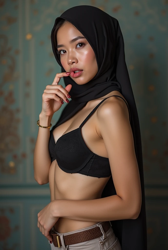 Half body portrait of a 30 years old malay woman sit in front of giant mirror, wearing hijab, wearing Swimsuit indoor shot, looking up at coffee shop sign, soft lighting, smirk face, circle bokeh , big breast, catwalk, morningtime, surrounded by a comfortable, cool atmosphere, looking at the viewer. (Skin details:1.3), hairy hands, Hijab, slim, red lips, seductive with bokeh camera background