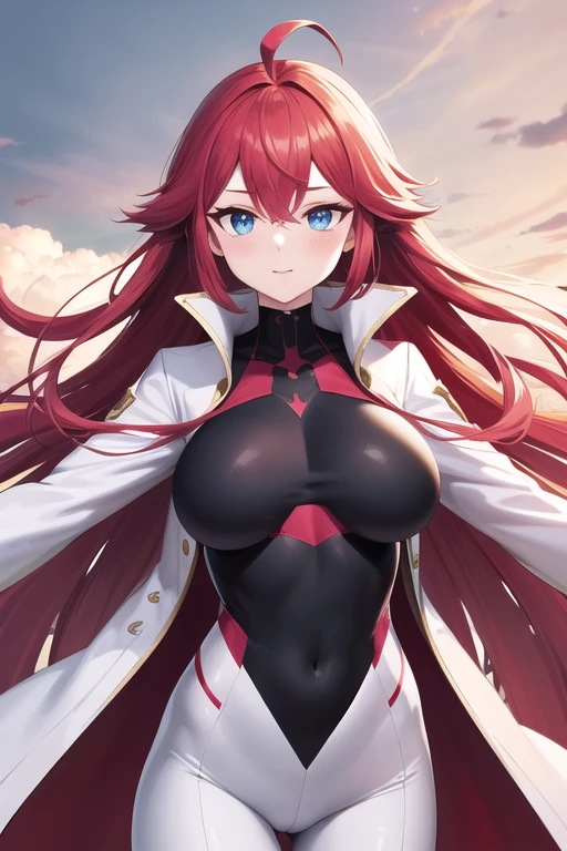 High resolution, masterpiece, accurate, Best Quality, High-resolution model, Ultra high definition, Red Hair, Long Hair, Ahoge,blue eyes, Large Breasts, Edgy pink bodysuit with cutouts,White long coat on shoulders,Special Effects Hero