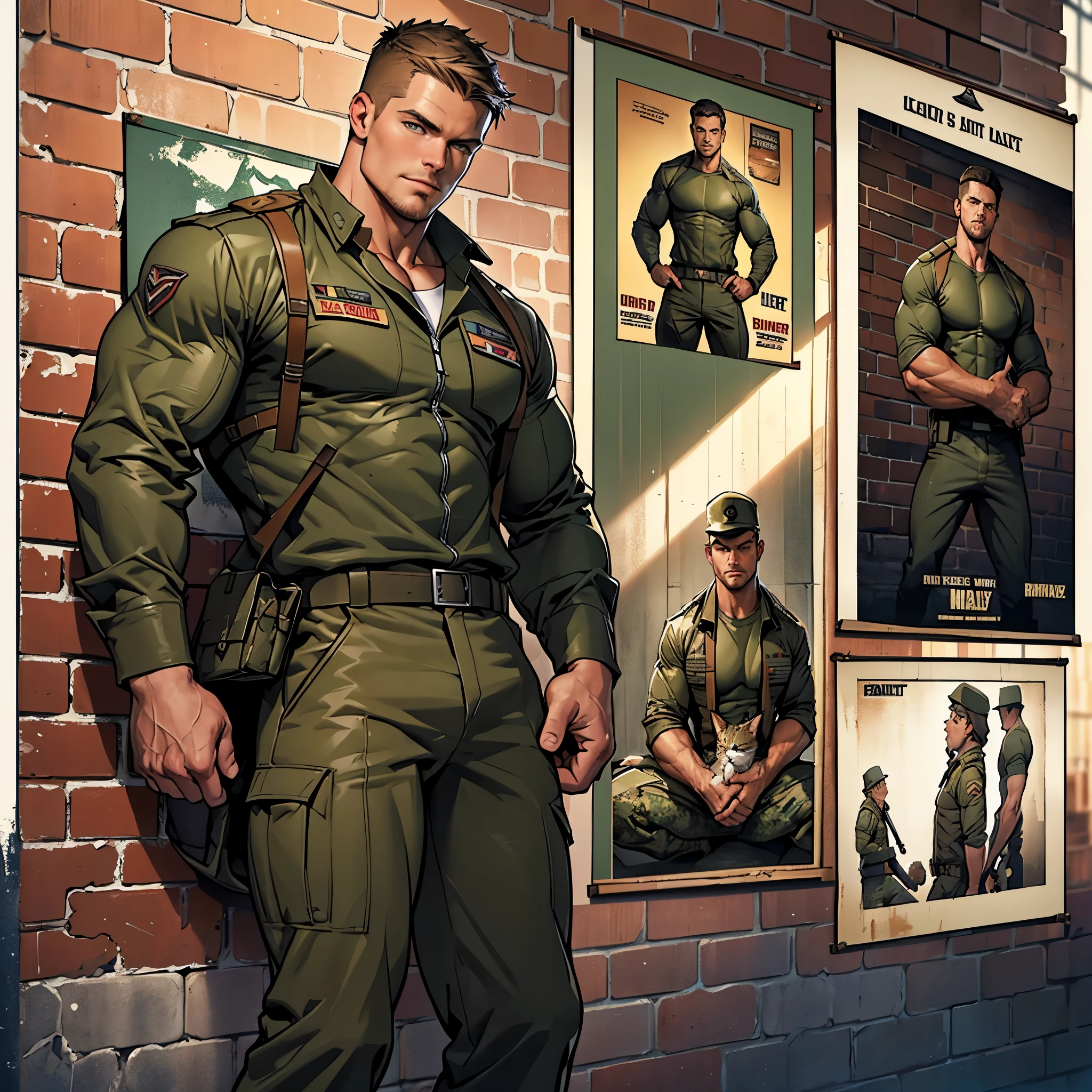 32k, high quality , detailed face , detailed hands , detailed muscles , stephen amell standing and  posing  as a military man ,standing with spread legs, showing his muscles  HOLDING A CAT IN HIS HANDS, ((background brick wall with lot of army posters ))